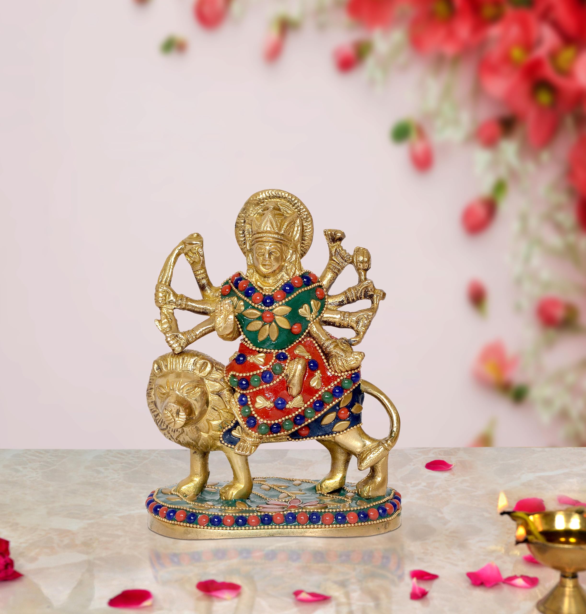 Dattatreya Brass Durga Maa with Lion Idol Hindu Goddess Sherawali MATA Murti MATA Rani Statue Figurine Home Temple (Height: 6 Inch)-image-47