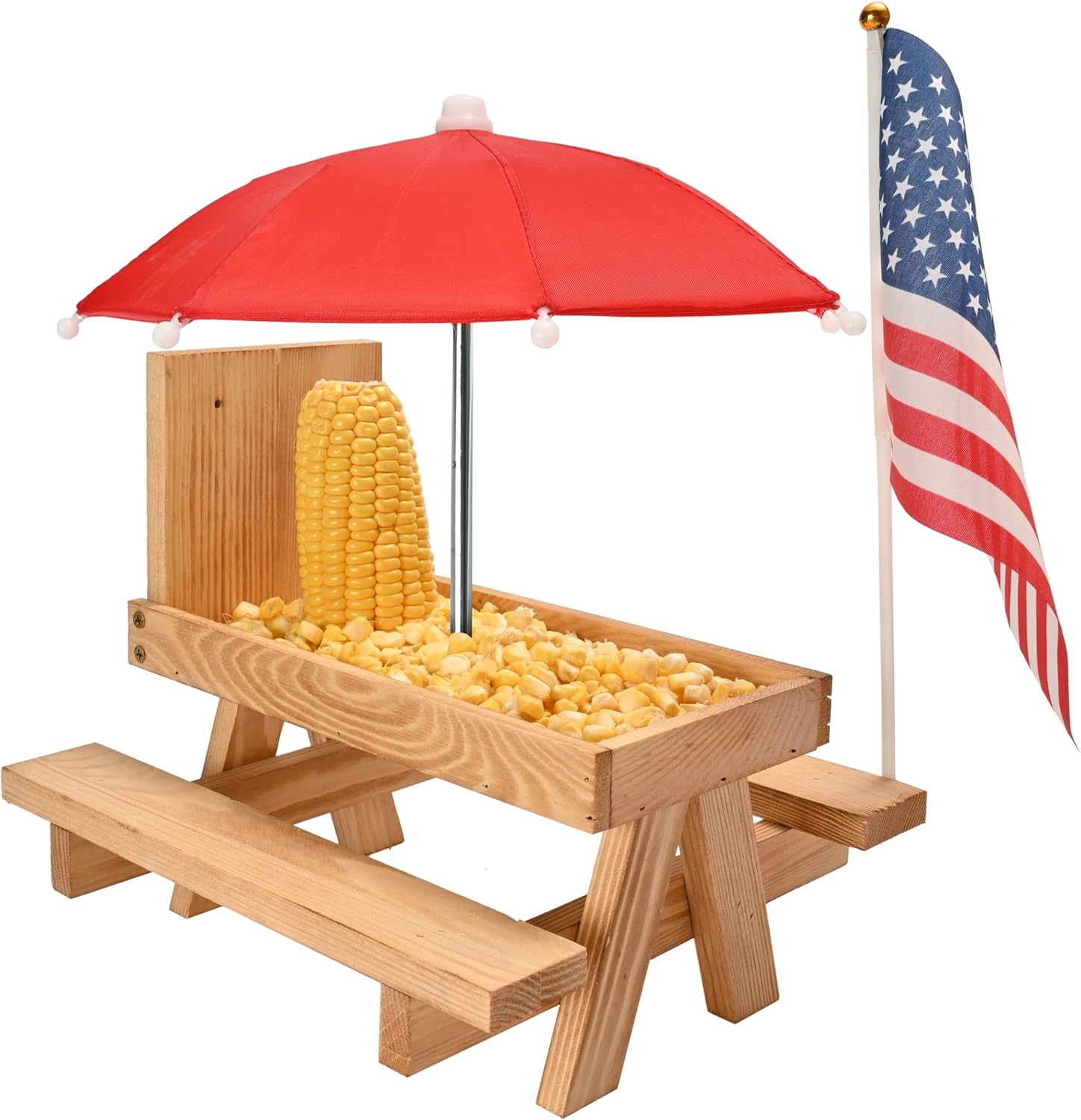 Squirrel Feeder Picnic Table with Umbrella, Large Size Wooden Squirrel Feeder for Outside with Corn Cob Holder for Yard and Porch Decoration, Easy to Fill Peanuts in Shell and Nuts