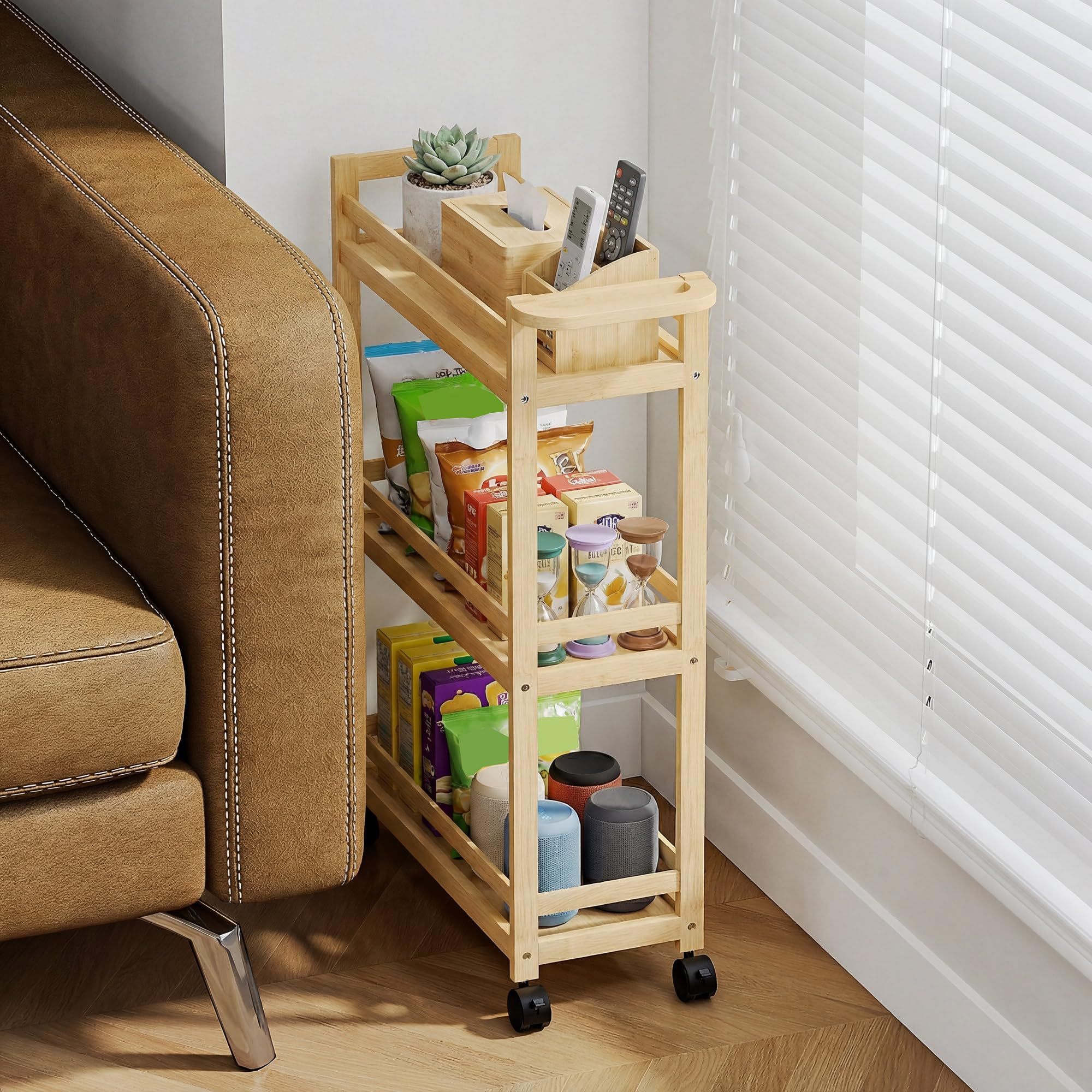 HOMCOM Étagère de Rangement de Salle de Bain en Bambou à 3 Niveaux, Chariot de Rangement, Meuble Salle de Bain avec roulettes pour Cuisine, Salle de Bain, Salon, dim. 55 x 20 x 75 cm - Naturel