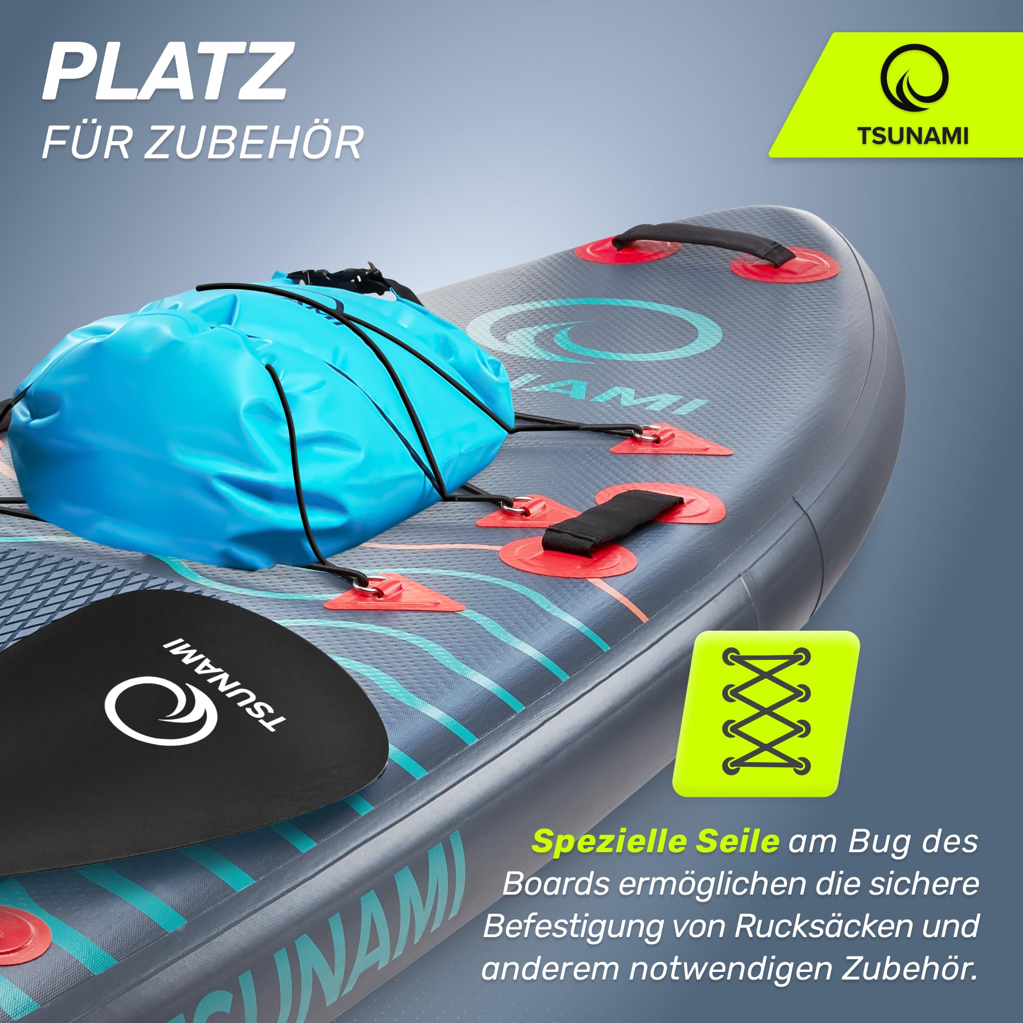 TSUNAMI Stand Up Paddling Board Model T, SUP-Board mit Komplettes Zubehör, Board-Tasche, Pumpe und Sicherheitsleine, Tragkraft bis 150kg, Länge 350 cm, für Erwachsene und Jugendliche Aller Niveaus