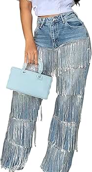 NRTHYE Womens Glitter Fringe Baggy Jeans Causal High Waisted