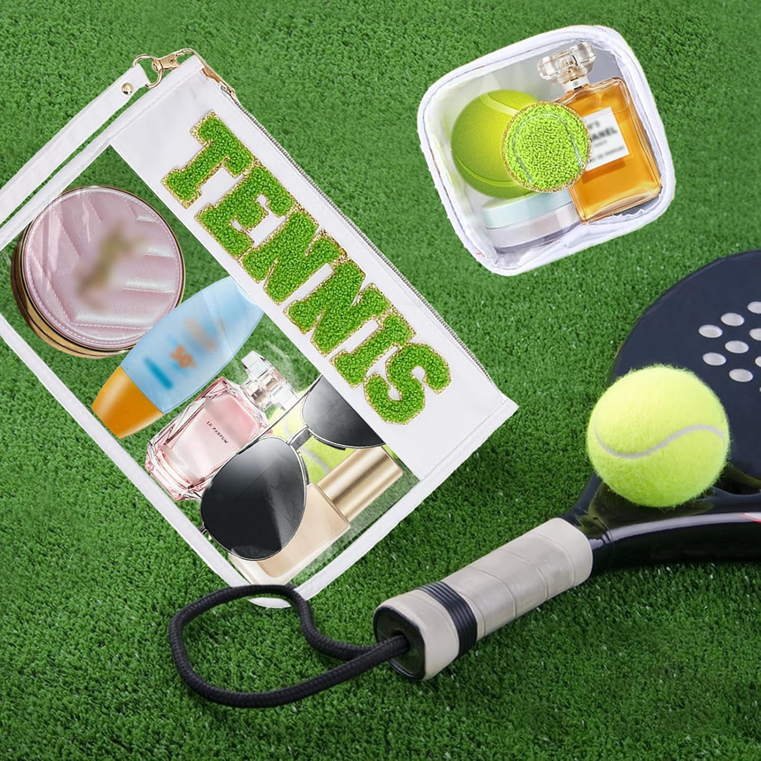2 Pcs Tennis Snack Bags Team Gifts Cosmetic Makeup Bag with Chenille Letter Patch PVC Organizer Purse,Portable Zipper Waterproof Travel Storage Bag for Friends Women Girls - Image 3
