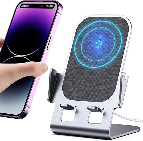 Cargador inalámbrico rápido de 15 W, soporte de teléfono celular de aleación de aluminio, compatible con iPhone 14, 13, 12, XR, XS, serie 8, Samsung