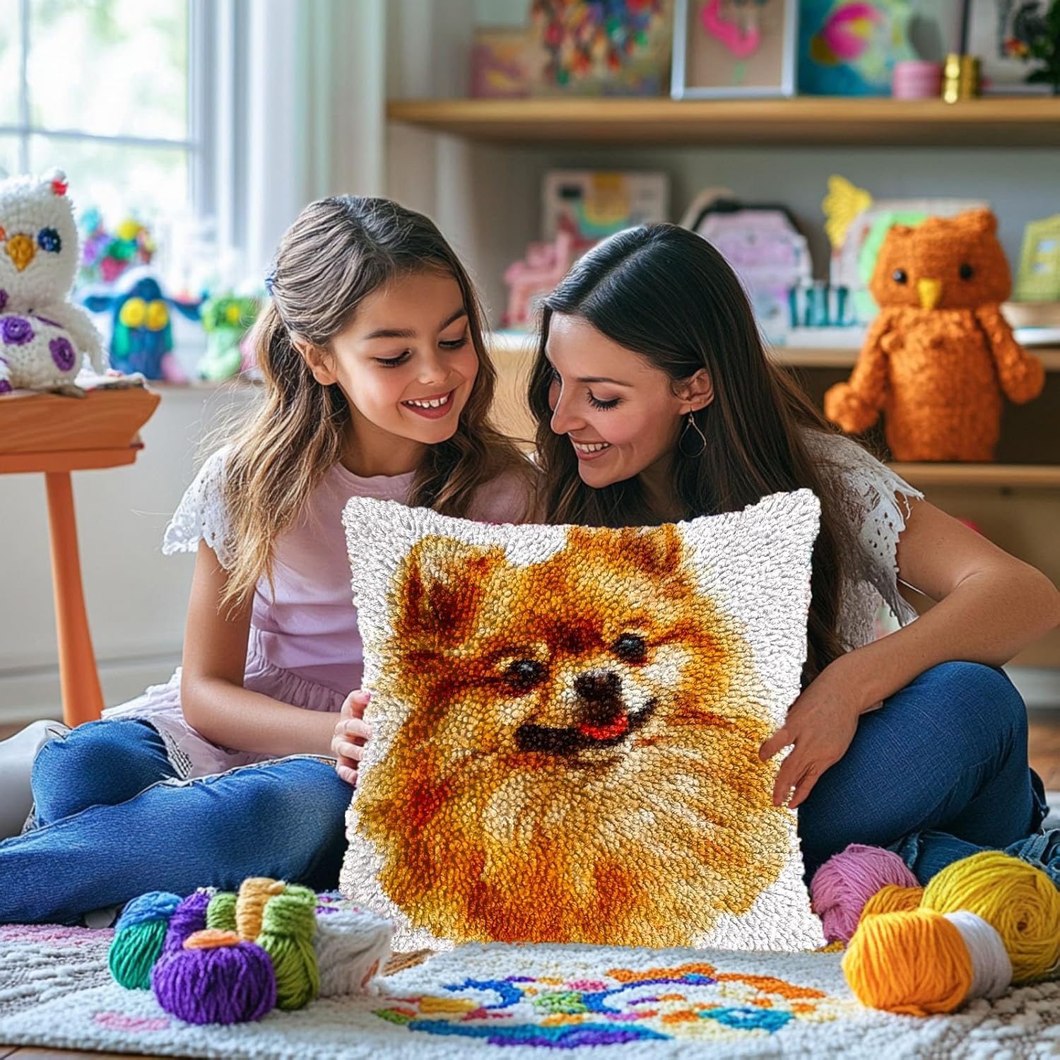 Cute Brown Pomeranian Dog DIY Latch Hook Pillow Kits for Adults Printed Pillowcase Crochet Yarns Hooking Handmade Pillow Cover Cushion for Home Sofa Decoration 17x17inch(1)