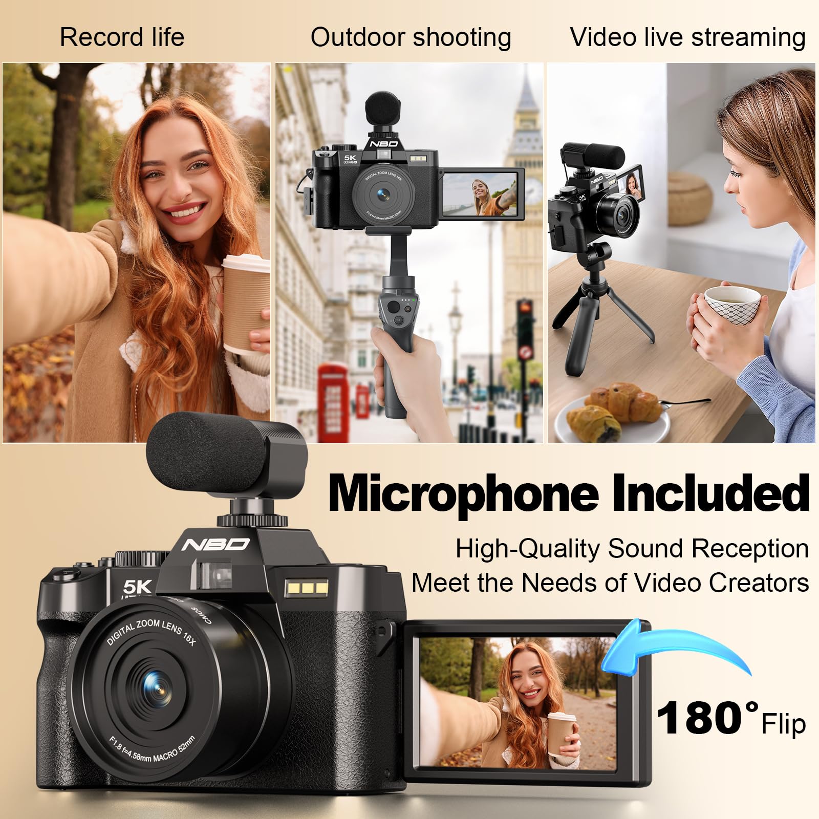 NBD 5K Digital Cameras for Photography - 16X Zoom Travel Camera with 180° Flip Screen, 64MP Vlogging Cameras Fotograficas for YouTube, Auto Focus, Macro Lens, 2 Batteries & 64GB TF Card（Black）
