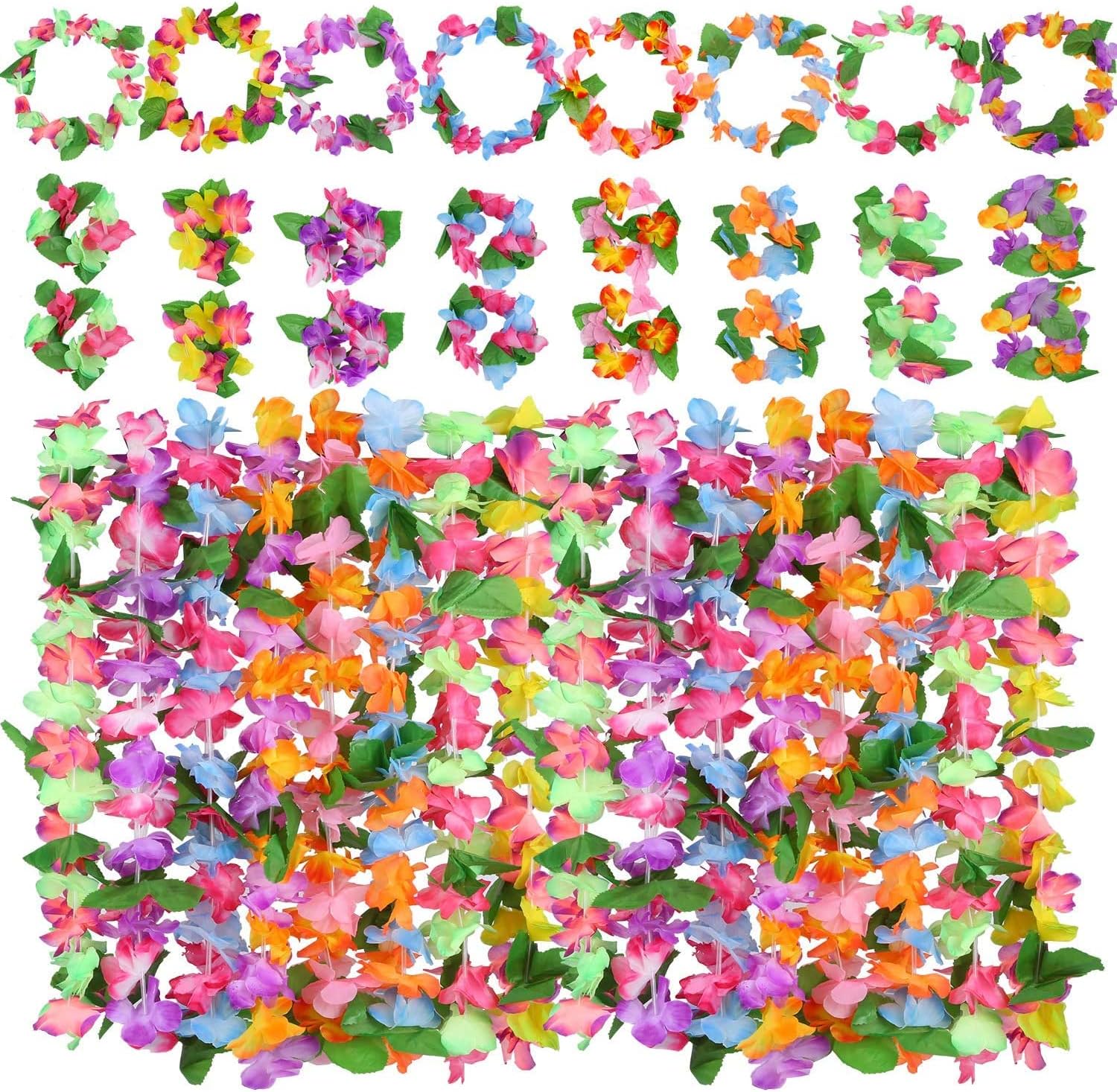 Hawaiian Flowers Garlands, 32 pcs Flowers For Hawaii Party Decorations Supplies, Wreath Headband With 16 Bracelets 8 Headbands And 8 Necklaces for Party Necklace Photo Booth Props DIY Latex Flowers
