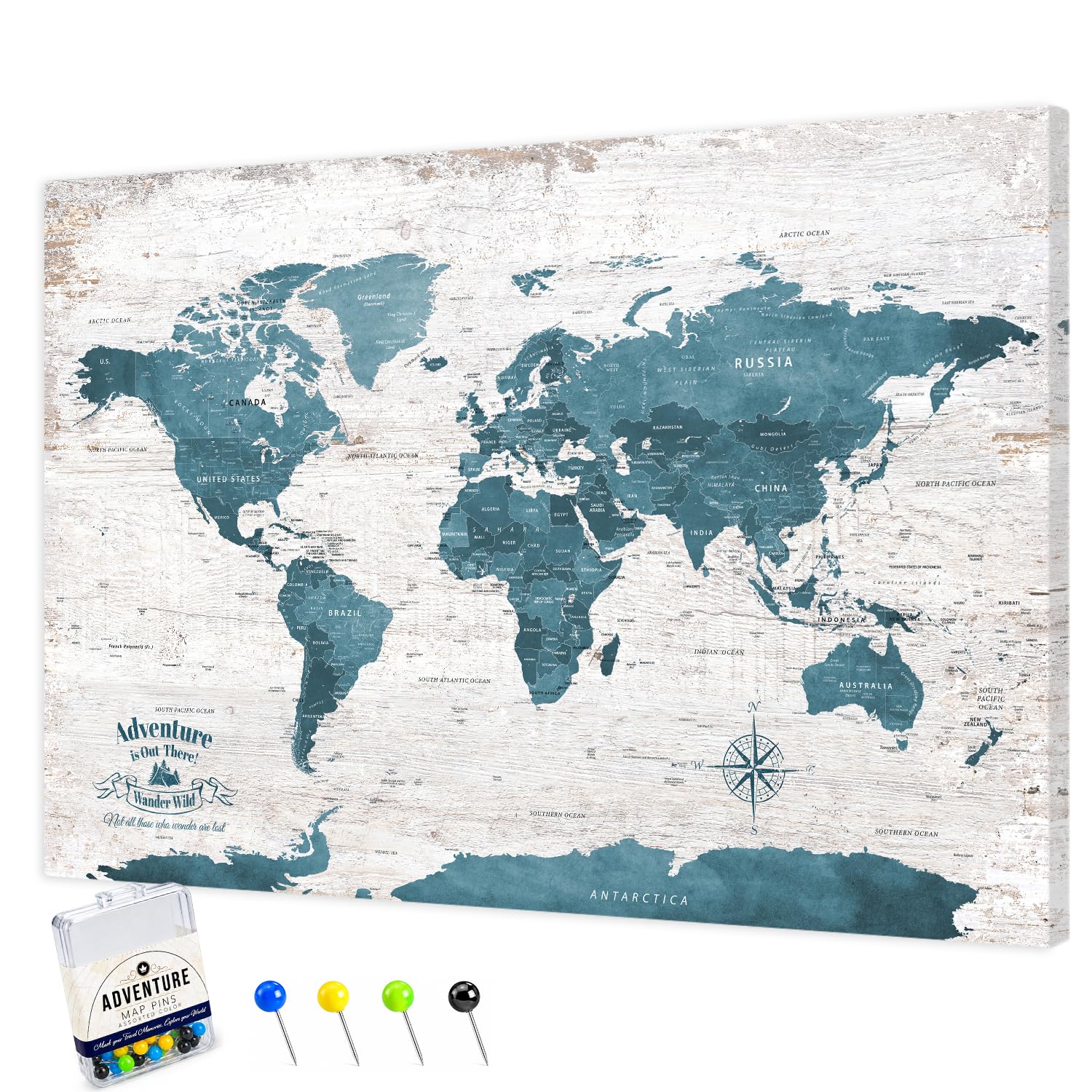 IPIC Antique Blue World Travel Map with Pins, World Map Pin Board, 42x28 in
