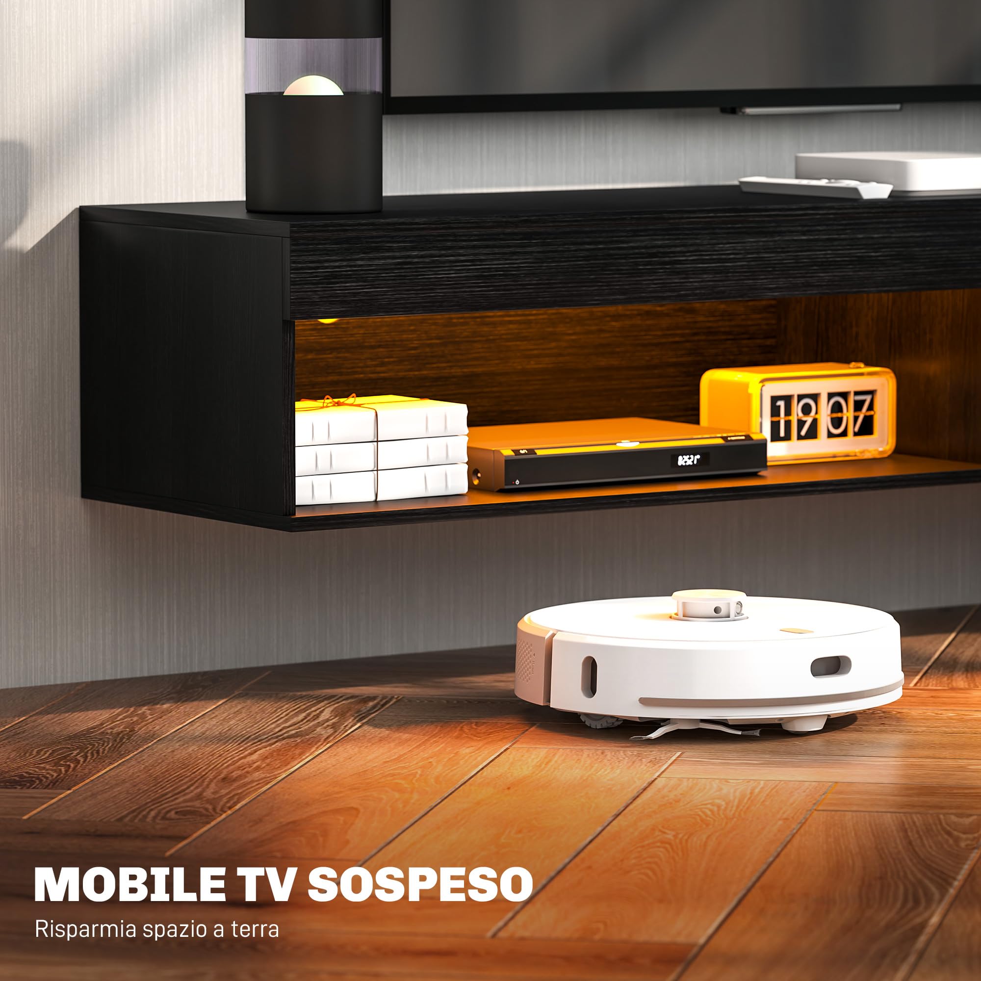 HOMCOM Mobile Porta TV fino 75" Sospeso con Luci LED 16 Colori e Modalità Regolabile con Telecomando, Mobile TV Sospeso in Legno, 180x40x30 cm, Nero