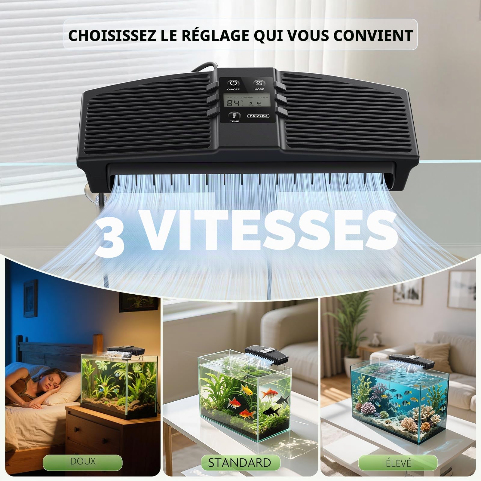Refroidisseur d'aquarium PAIZOO, Ventilateur de Refroidissement de bac à Poisson avec sonde de température et écran LCD Refroidisseur d'eau pour Aquarium pour Accessoires Axolotl Betta, 7W