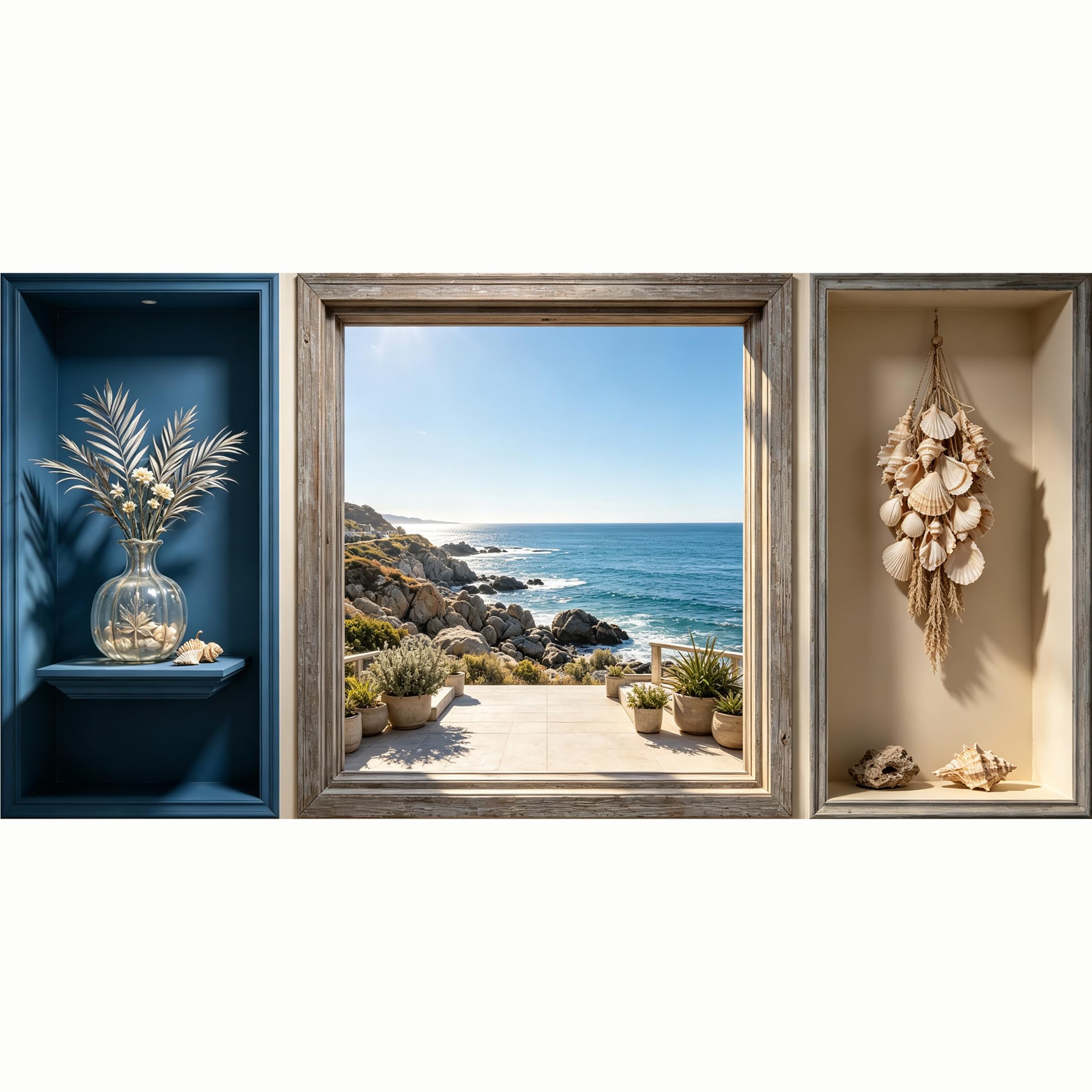 QZLITHOTIC 50x100cm 3D Framed Wall Art， Coastal Ocean View Rocky Shoreline Self‑Adhesive Mural， Water‑Activated Peel & Stick Fabric Decor Wall Decal for Bedroom Living Room