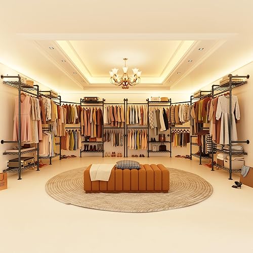 Miniatura 3 de H6 - Sistema de armario para montaje en pared, perchero industrial con 6 varillas telescópicas, 3 varillas de fijación y 9 estantes, organizadores