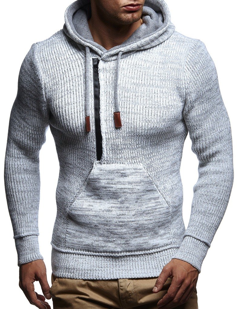 Leif Nelson Herren Pullover mit Kapuze Slim Fit Longseleeve Schwarzer Männer Strickpullover - Sweatshirt - Winterpullover Kapuzenpullover - Hoodie Pulli Langarm LN5450 Ecru-Grau XX-Large
