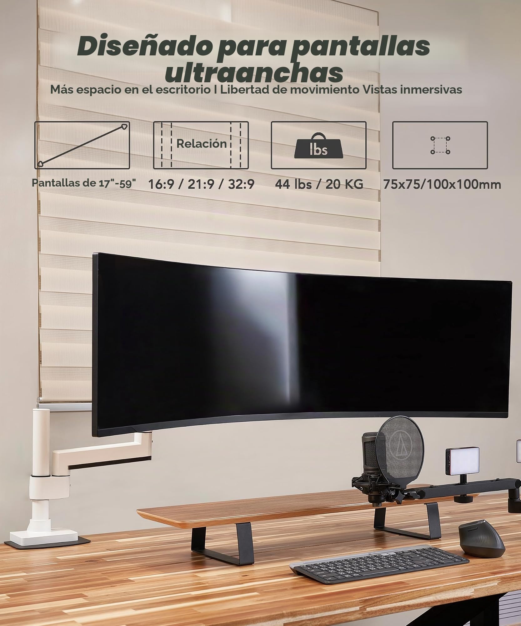 ULTRARM Brazo para Monitor Curvo ultrawide, Resistente, diseño Modular | Máx. 57", 20 kg, pantallas 900R, VESA 100x100, altura ajustable neumática, pinza C y pasacables, Blanco, MA20PW-S