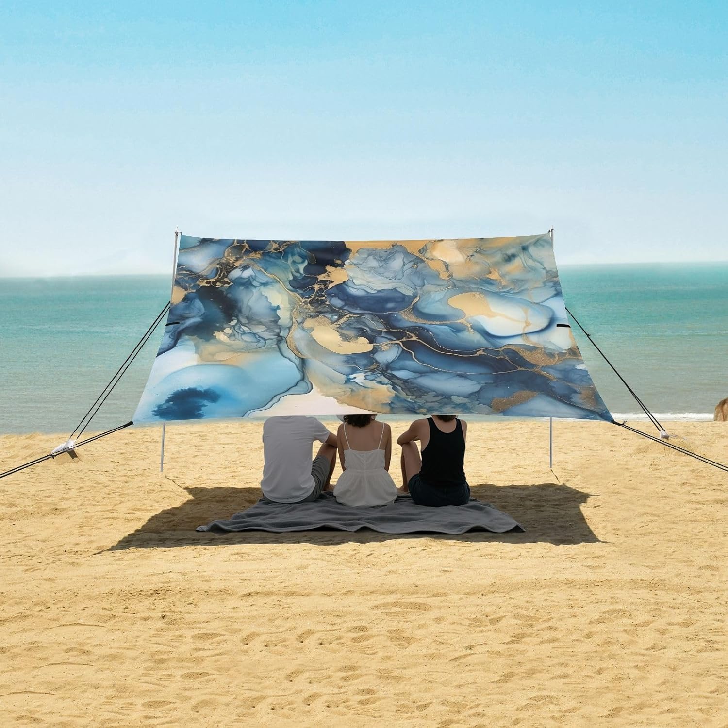 ALAZA Blue & Gold Marble Art Beach Tent Sun Shelter UPF50+ Protection Beach Shade Canopy w/ 4 Sandbags for Outdoor Camping, Fishing, Backyard Fun, Picnic, 10x9 ft