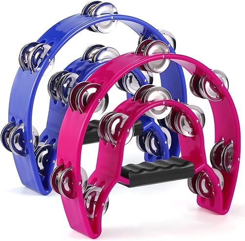 Pandereta de doble fila, paquete de 2 panderetas de 10 pulgadas para adultos, instrumento musical de media luna con 20 cascabeles de metal,