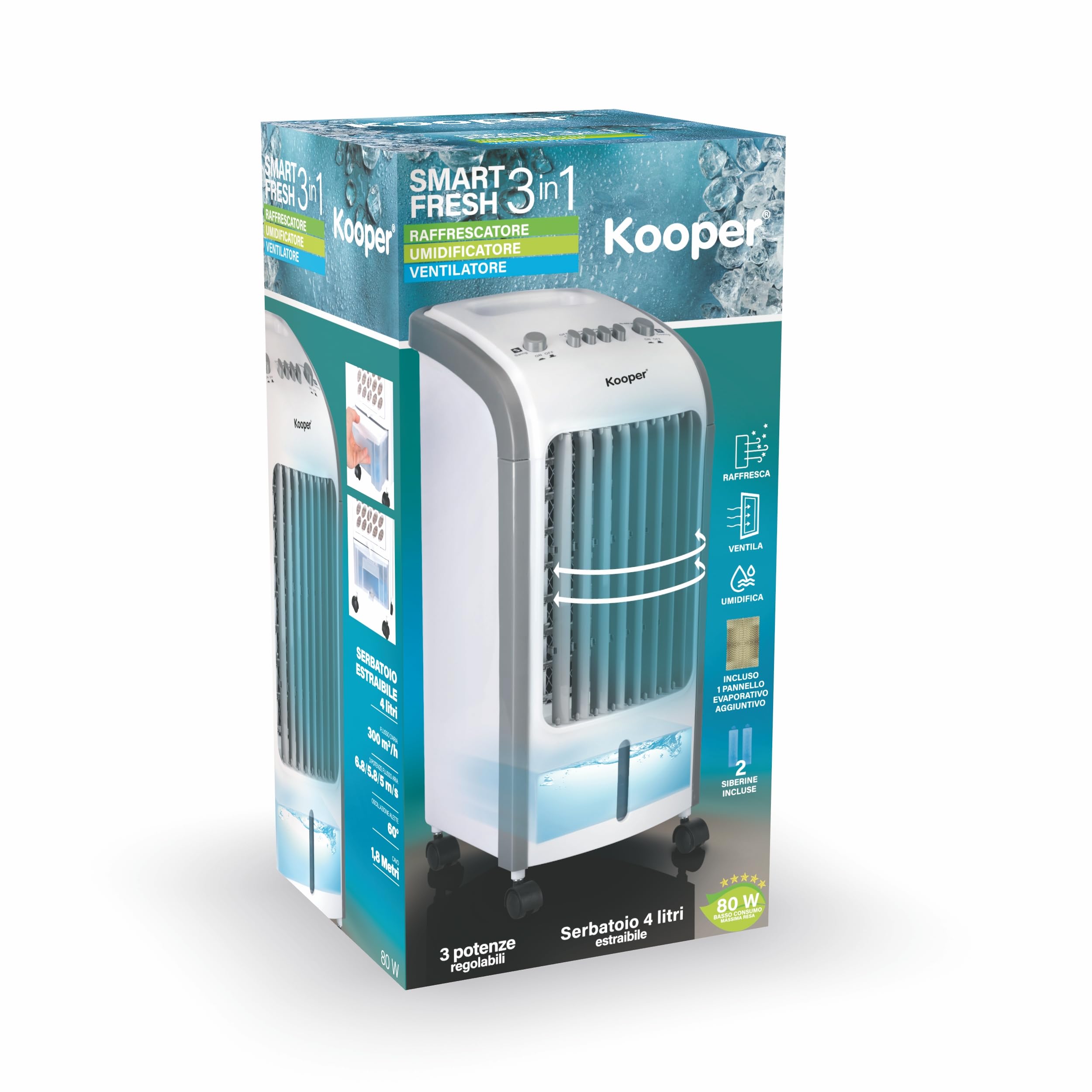 KOOPER Raffrescatore 3 in 1, raffresca, umidifica e ventila, 4 l 80 W, con ruote, Smart Fresh