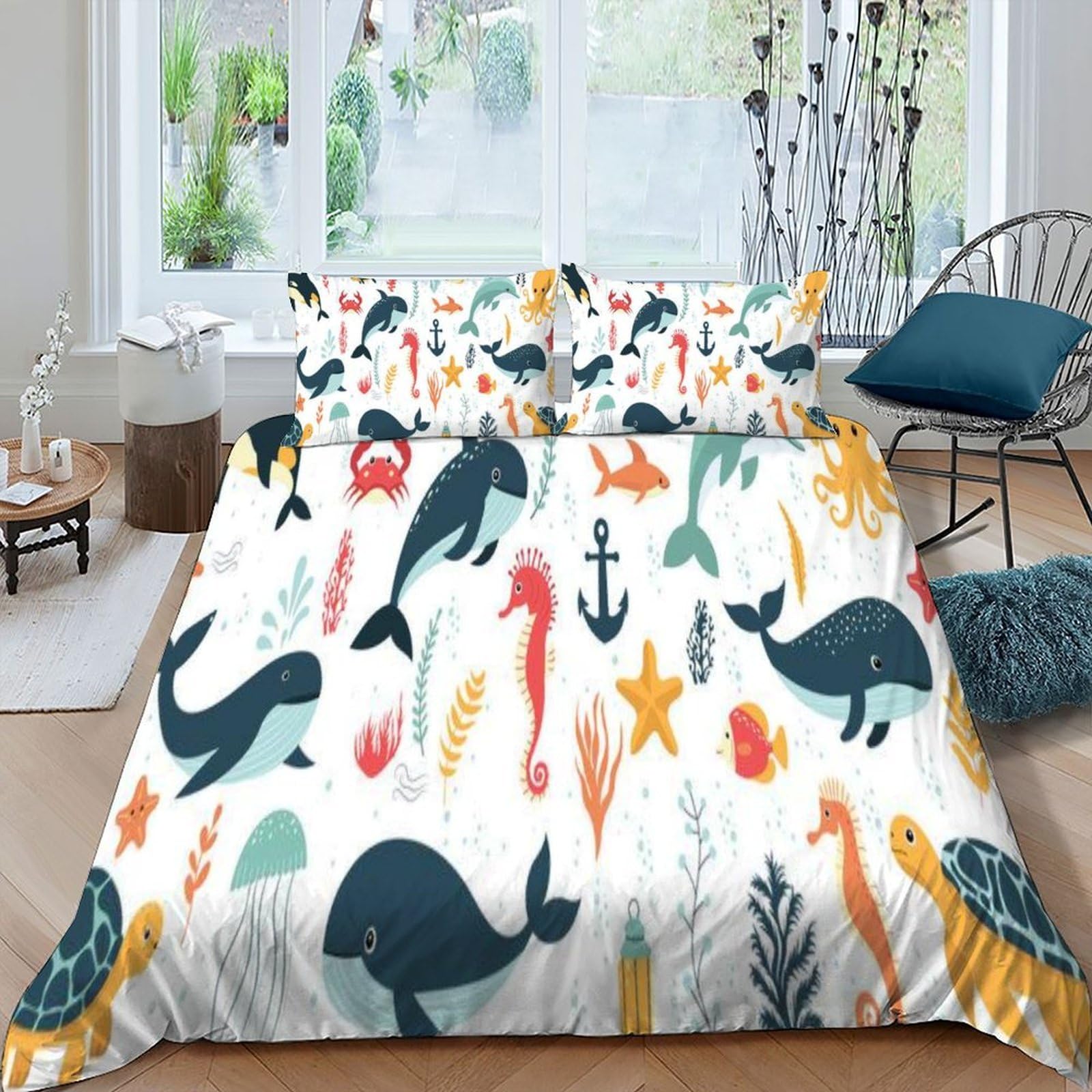 Housses de couettes 3D sur le thème marin parure de lit king en microfibre douce et respirante