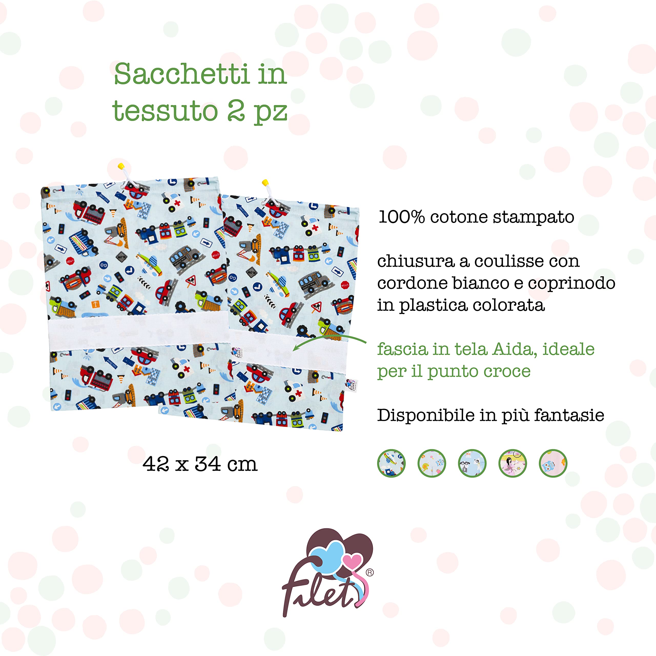 Filet - Set 2 Sacchetti Asilo in cotone 100% con stampa Macchinine | Inserto in Tela Aida da Ricamare | Made in Italy | 42 x 34 cm | Ideali per il cambio, per le scarpe, per lo sport