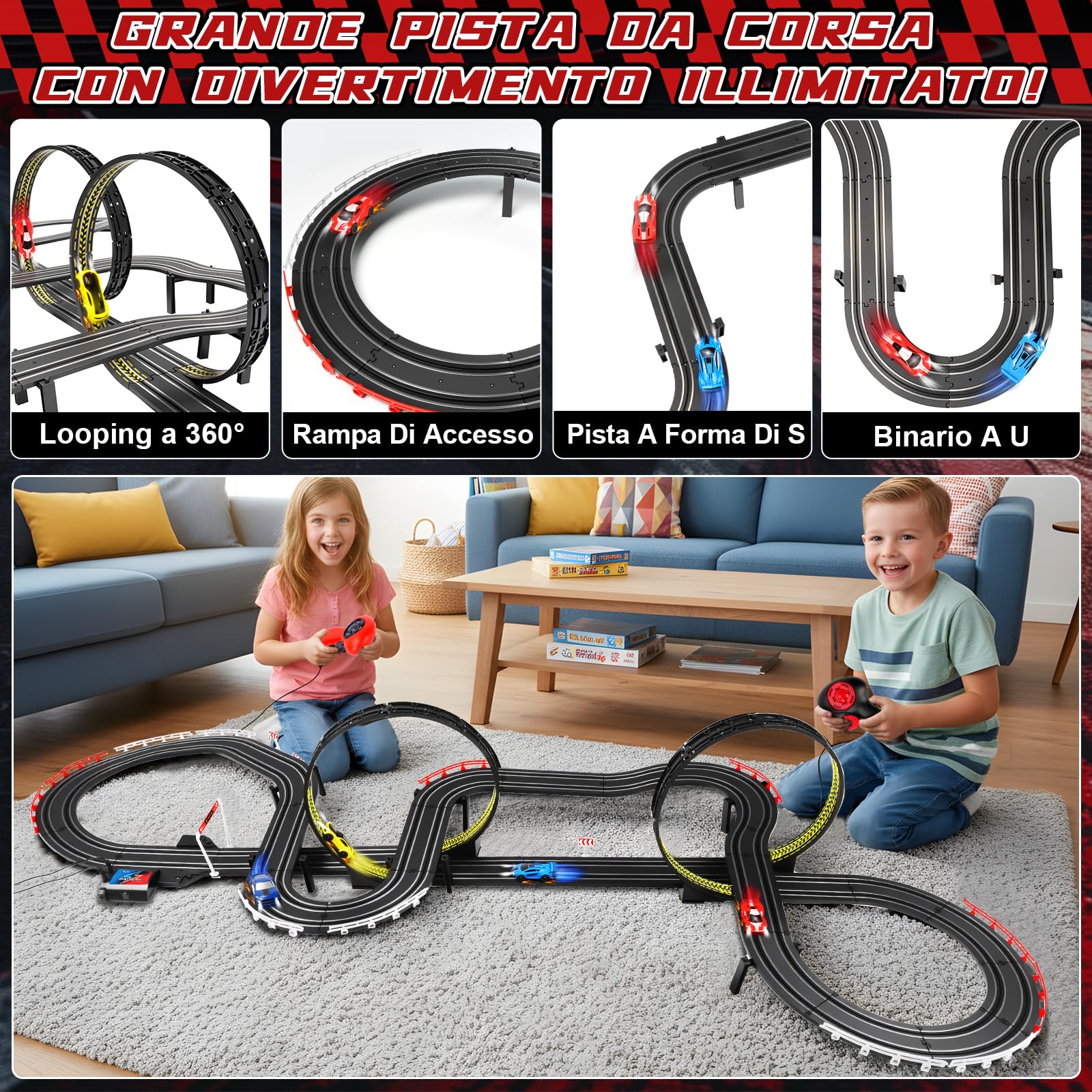 JONRRYIN Piste Corsa Elettriche, 1:64 Pista Macchine Telecomandate Extra-Lungo Piste Auto - 4 Led Macchine, USB, Comandi, Contatore, Passaggio A 360°, Giocattoli Regali Piste Corsa Bambini 3+ Anni