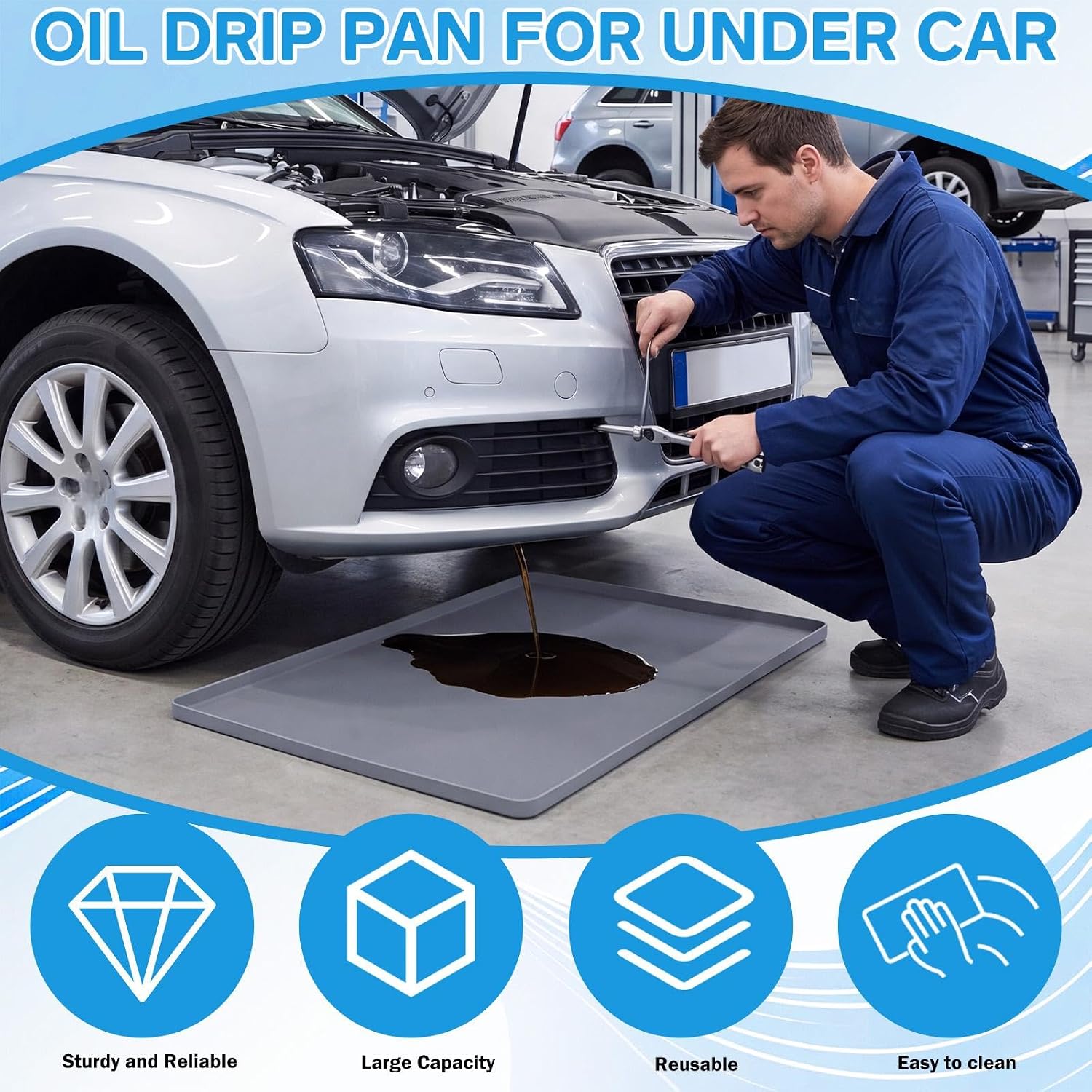 Tallew 3 Pcs Oil Drip Pan for Under Car Silicone 34" x 22" Oil Spill Mat