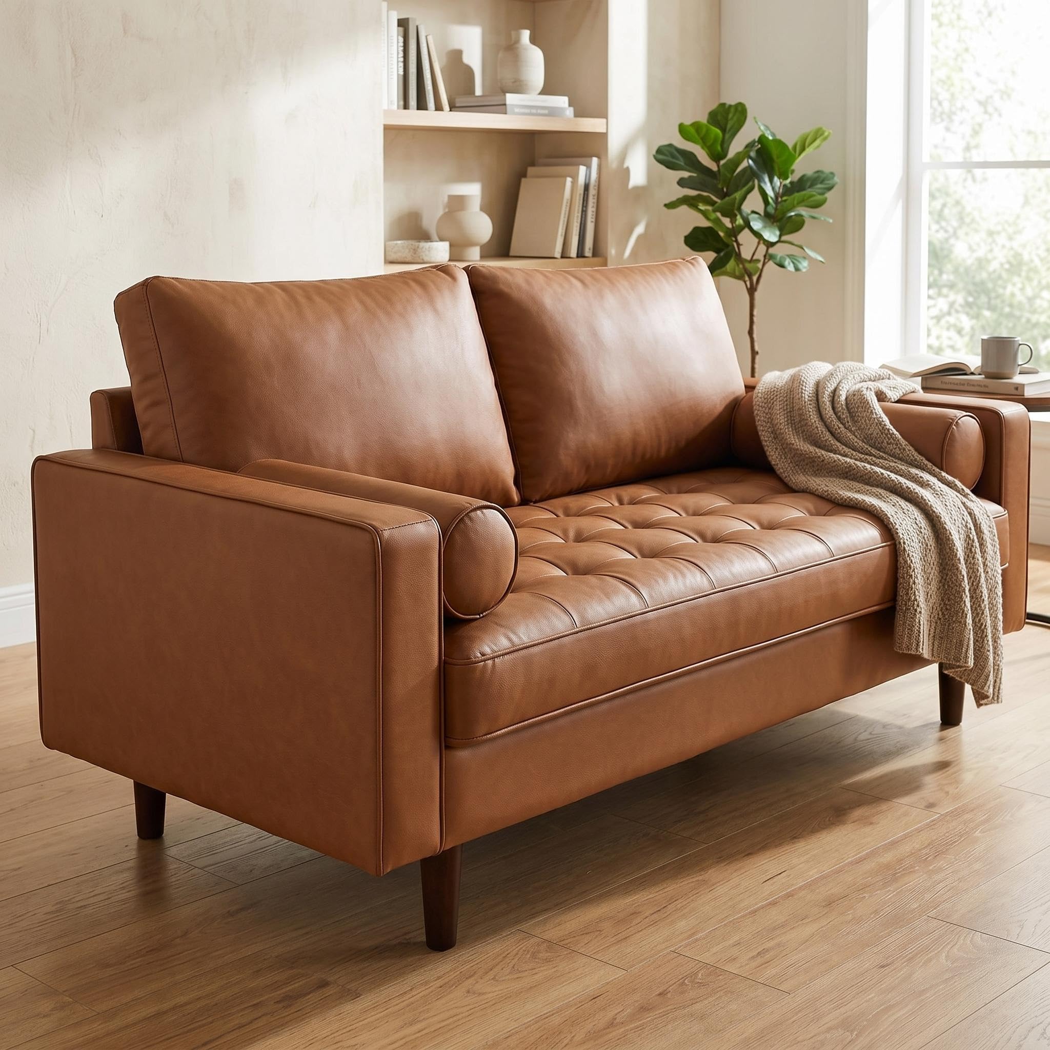 Photo 1 of ***POSSIBLY FOR PARTS UNKNOWN MISSING PIECES/ BOX DAMAGED 1 SIDE**** Container Furniture Direct Womble Mid Century Modern Couch with Bolster Pillows, PU Leather Upholstered Tufted Seat, Versatile Retro Design for Comfortable Living Spaces, Loveseat