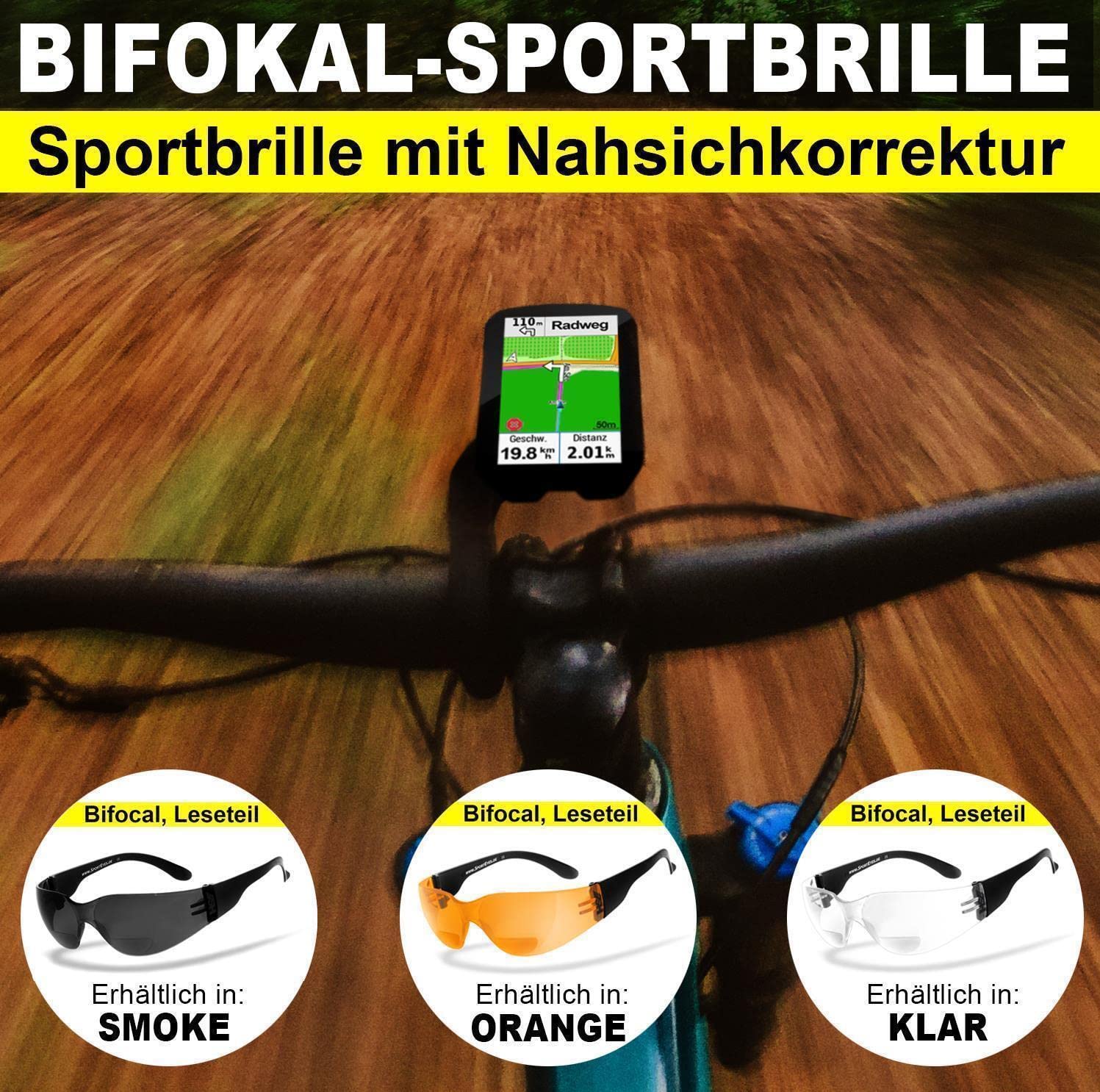 HSE® SportEyes® | okulary BIFOKAL: +2,50 DIOPTRIEN | okulary sportowe z pomocą do czytania | filtr ochronny UV400, HLT® szkło bezpieczne z tworzywa sztucznego zgodne z normą DIN EN 166 | okulary sportowe, okulary dla motocyklistów, okulary rowerowe z kore