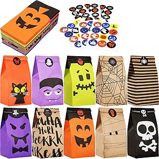 Outus 60 Pieces Halloween Goddie Bag Halloween Paper Gift Bags Trick or Treat Bags Party Favor Candy Bags with 66 Pieces Halloween Stickers