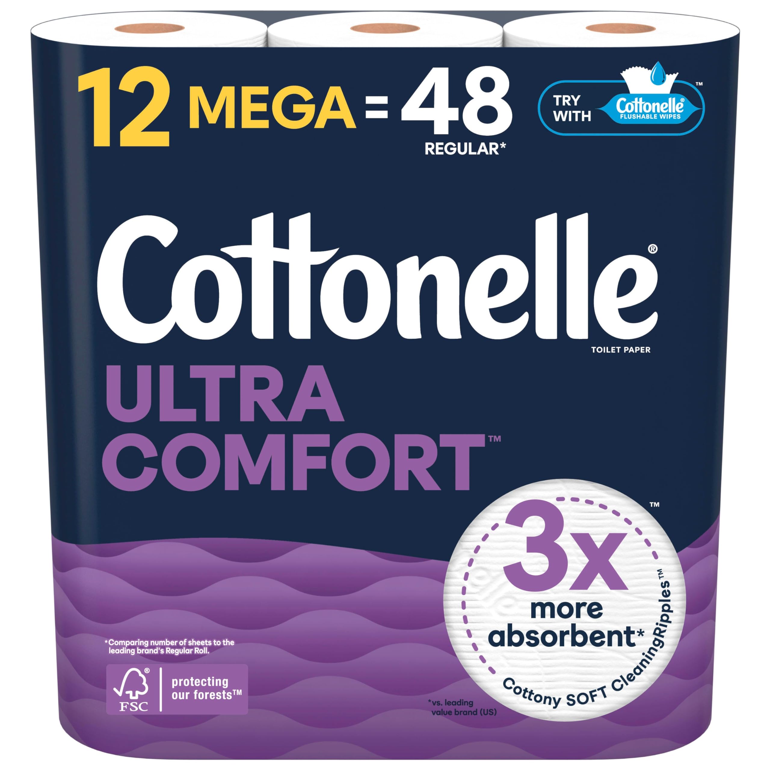 Cottonelle Ultra Comfort Toilet Paper, 12 Mega Rolls (48 Regular Rolls), 244 Sheets per Roll