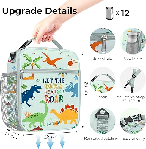 Miniatura 6 de Clastyle Bolsa de almuerzo aislada de dinosaurio verde para niños, bolsa de almuerzo térmica grande portátil para niños y niñas, bolsa de almuerzo
