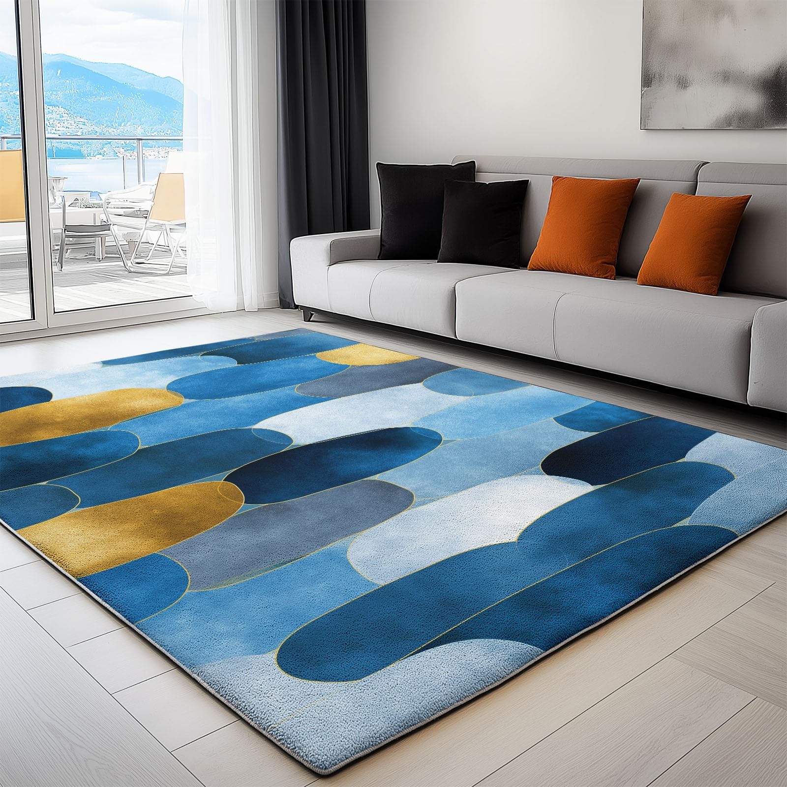 Tapis de salon imprimé abstrait motif géométrique finition ovale