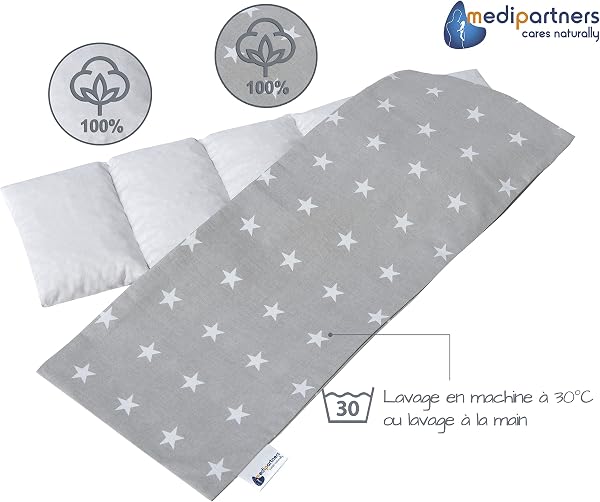 Medi Partners Coussin chauffant noyaux de cerise 60x20cm 800g 100% coton 5 Chambres par le froid Taie d'oreiller amovible (Étoiles) - 5