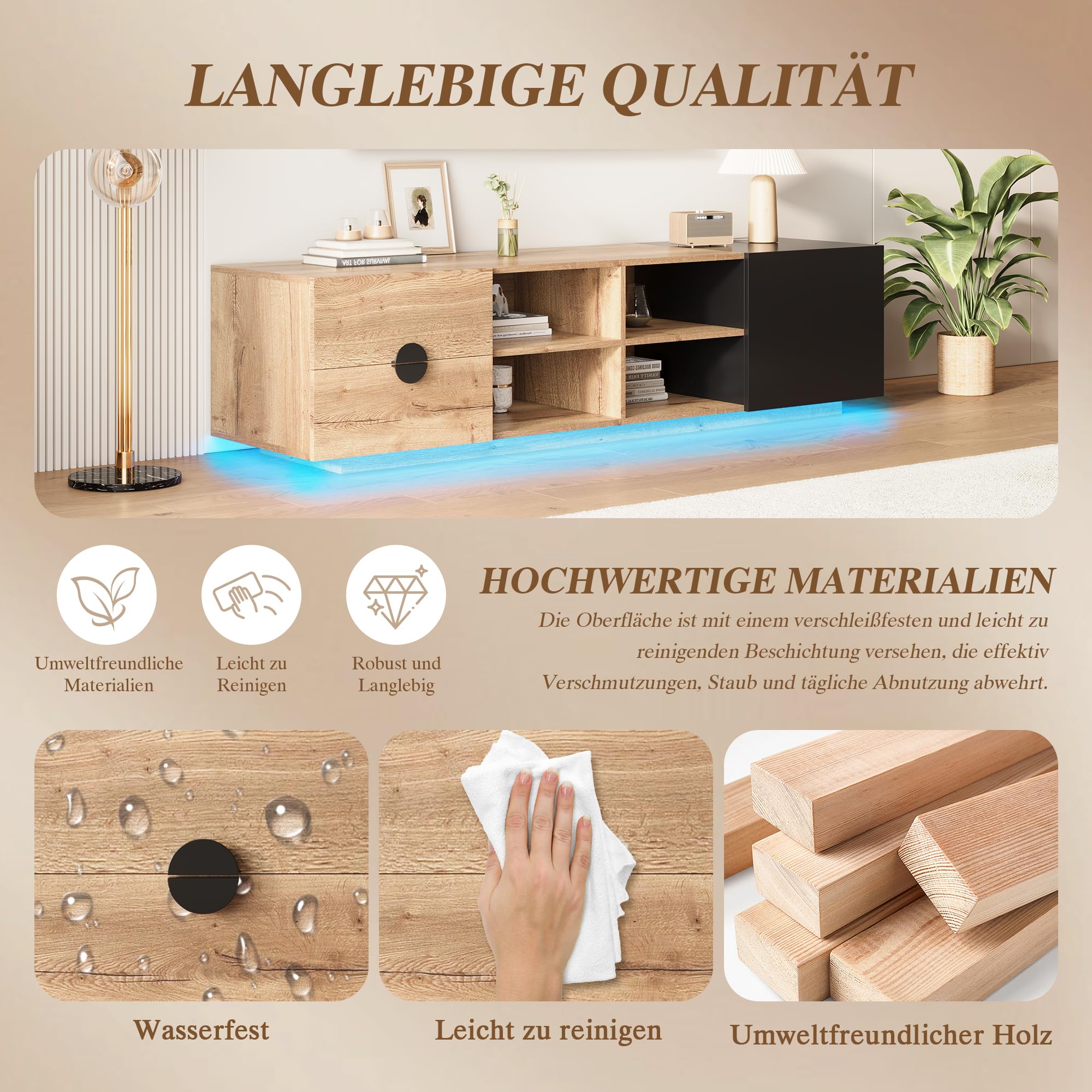 TV Schrank bis 80 Zoll, TV Lowboard mit LED, Fernsehtisch mit Offener Stauraum, TV Board, Fernsehschrank, Sideboard, für Schlaf- und Wohnzimmerschrank, Hochglanzdesign, 180cm, Schwarz