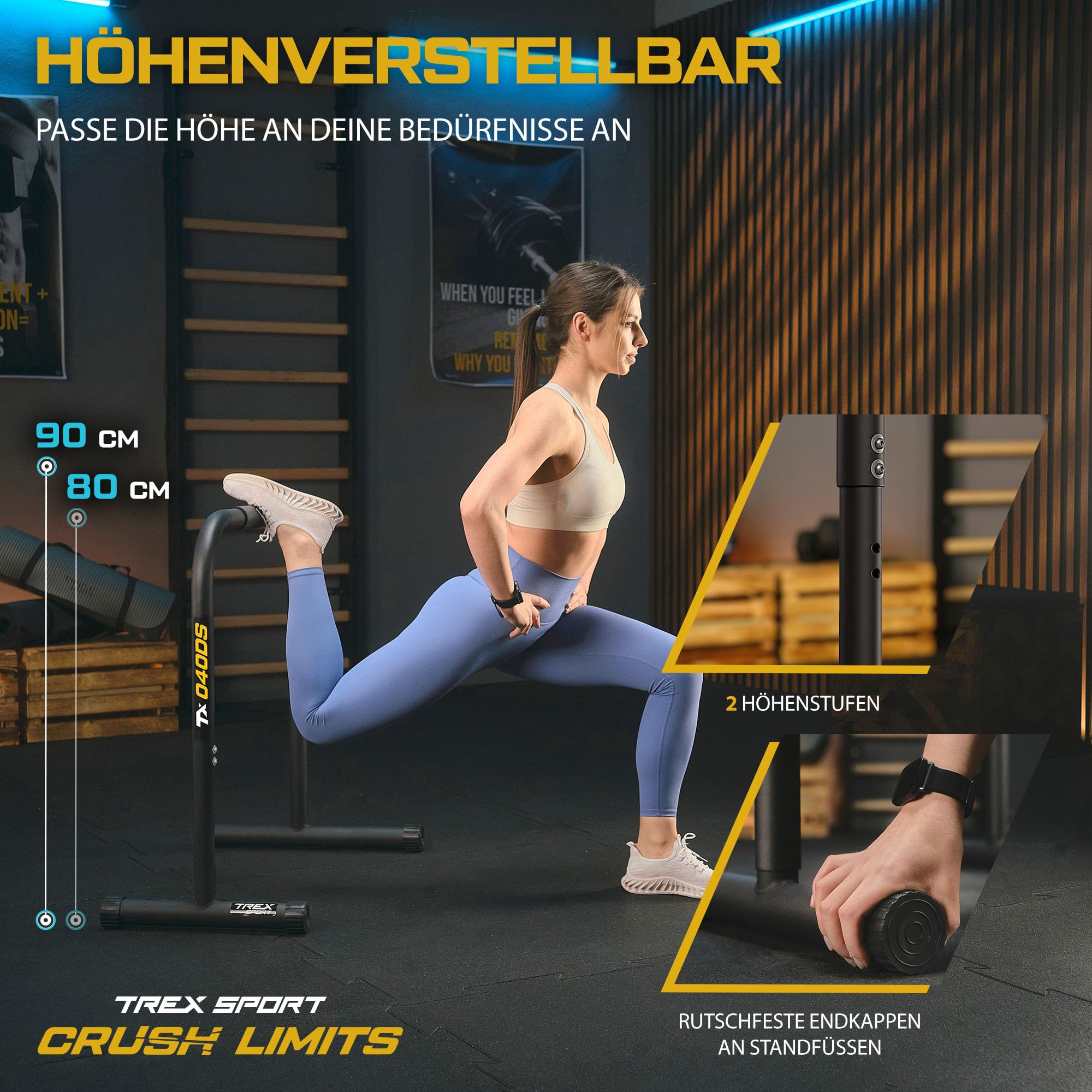 TREX SPORT Dip Barren bis 200 kg höhenverstellbar 80-90 cm TX-040DS | Dip Station 2er Set Parallettes Calisthenics Equipment bis 200 kg, Rutschfeste Füße