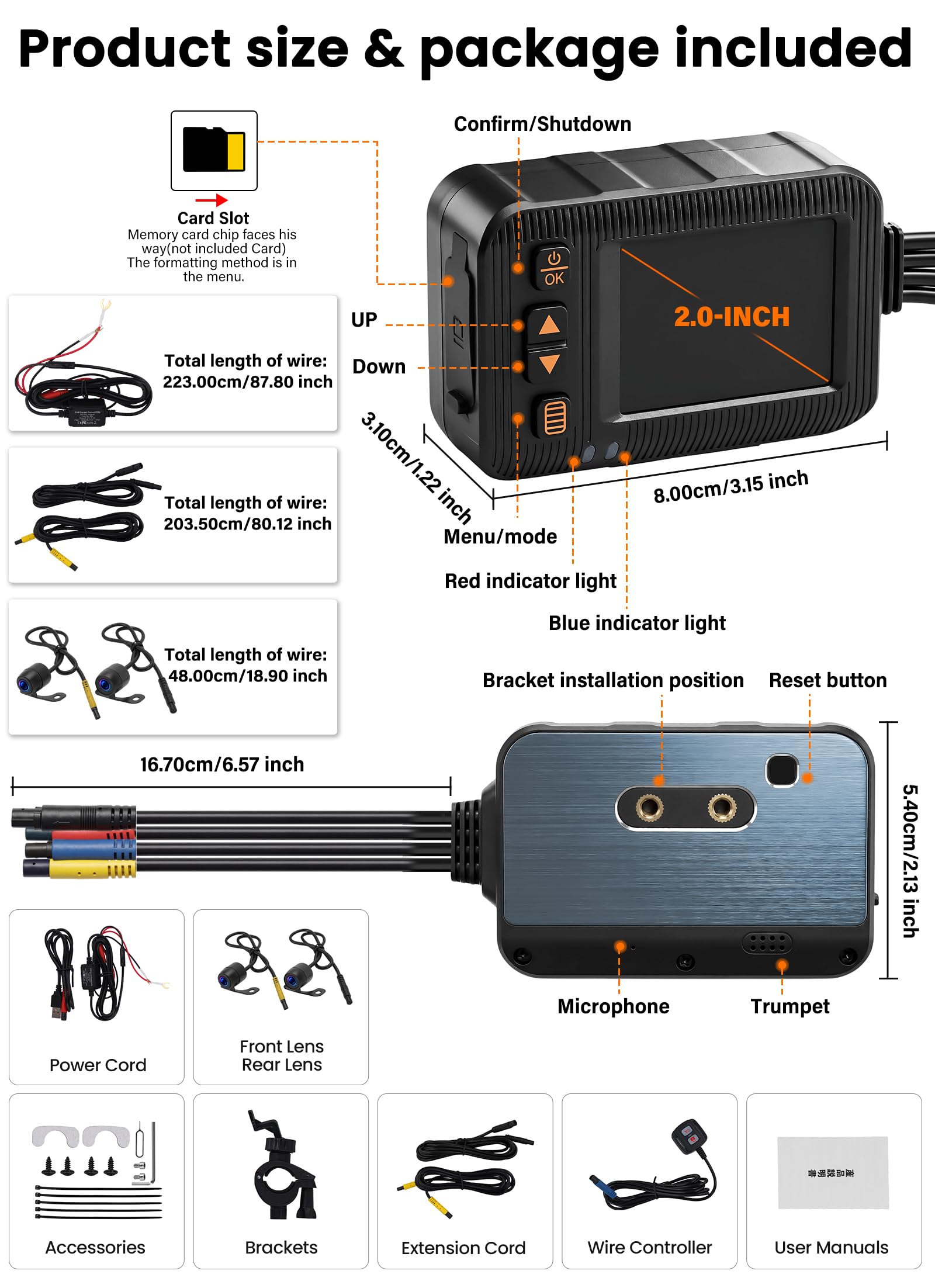 SIXTOP HDR Motorrad-Dashcam (vorne und hinten), 2 Zoll Dual Objektiv Motorrad Dashcam, IP67-Motorradkamera mit Loop-Aufnahme, G-Sensor, Parkmodus, Weitwinkel, Nachtsicht, kabelgebundene Steuerung