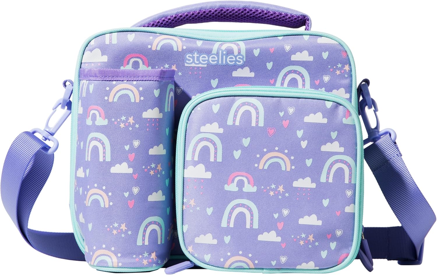 Kids Lunch Bag, Large Insulated Lunch Bag with Two Food Compartments, Adjustable Strap, Easy-to-Hold Zippers & Sturdy Water Bottle Compartment (Rainbows)
