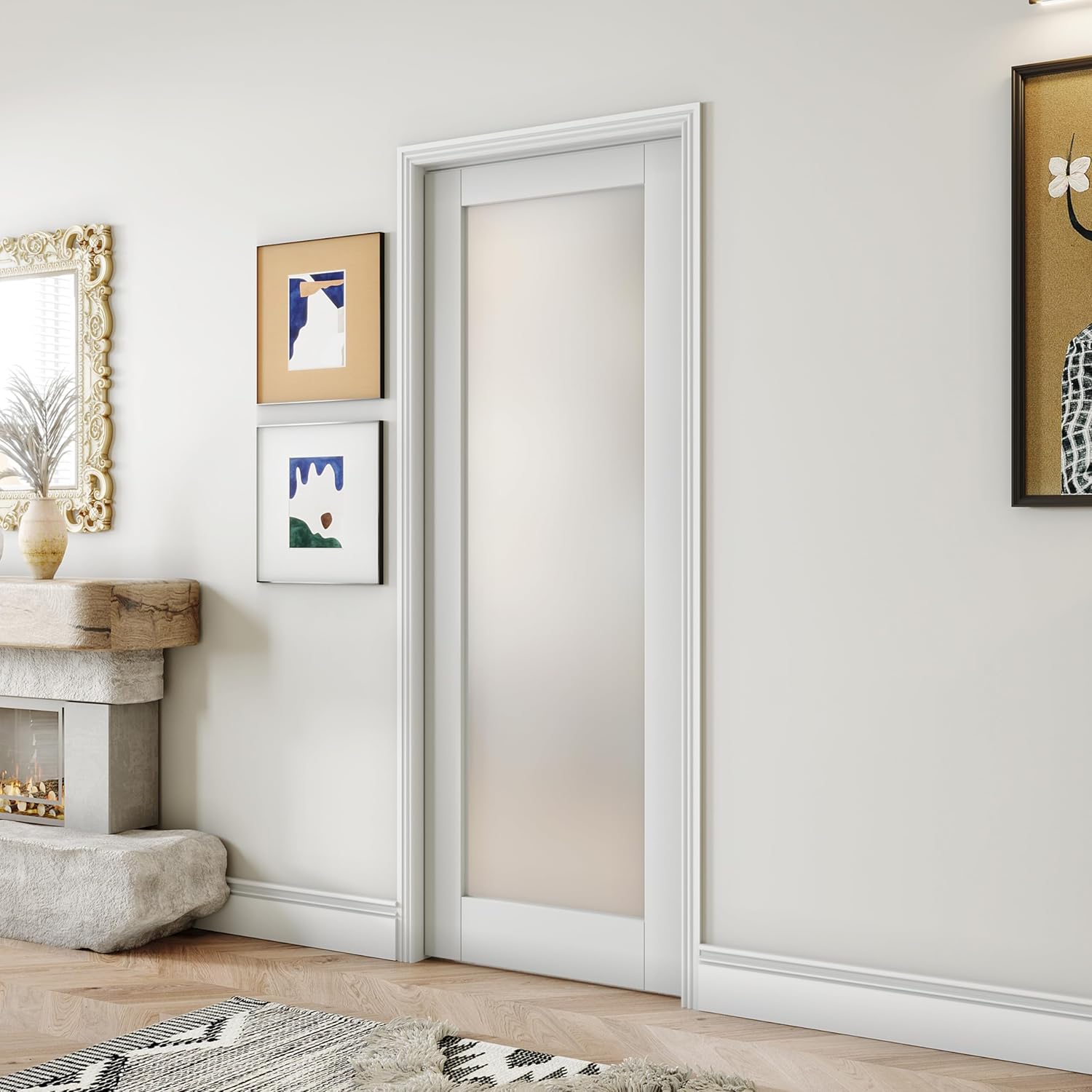 28" x 80" Pantry Doors, 1 Lite Frosted Glass French Doors for Closet & Bathroom, Single Pre-Finished Door Slab, MDF, White Primed (Hinges Not Included)