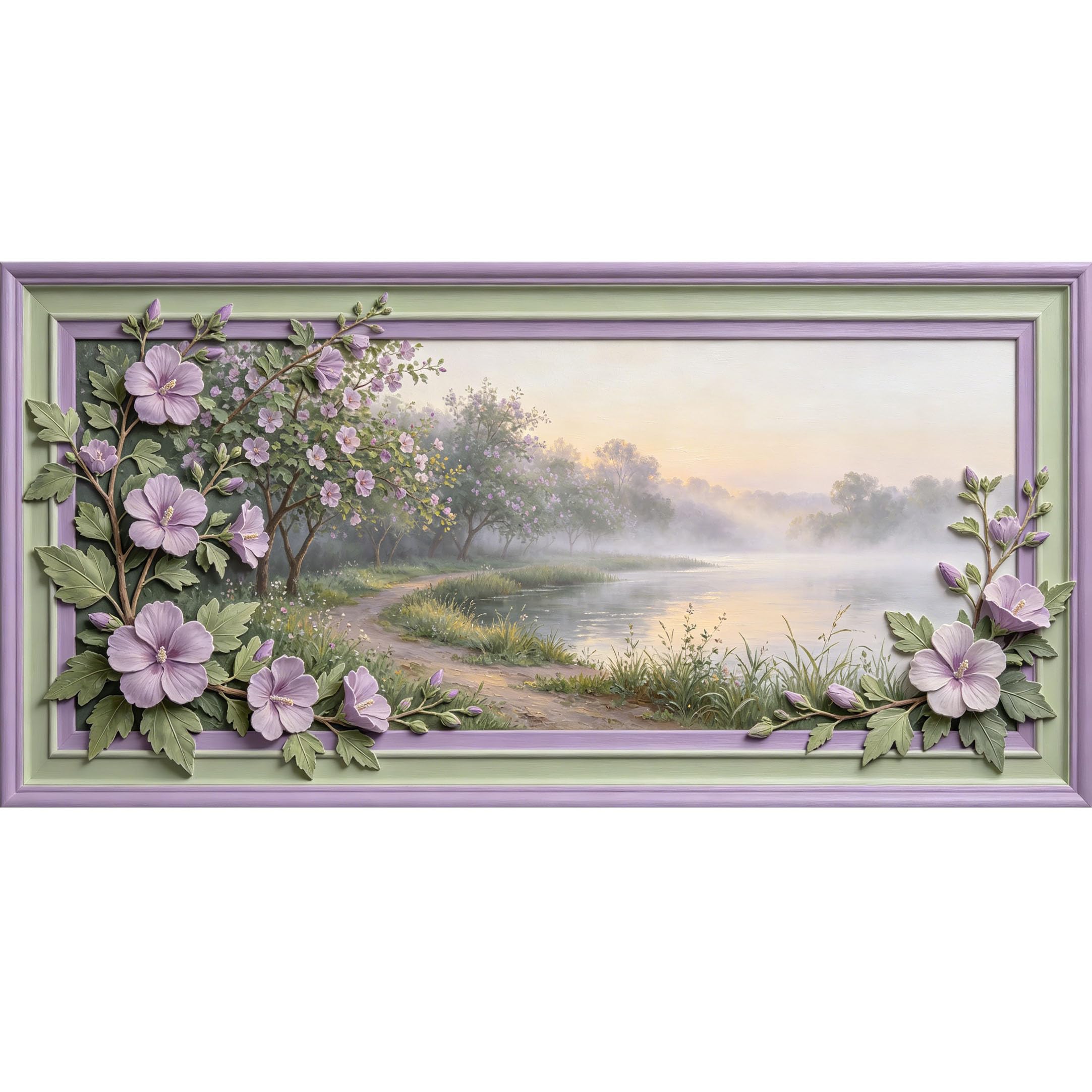Agglomerix 3D Framed Wall Art Purple Hibiscus Flowers Lake Foggy Landscape Botanical Relief Effect Large Size SelfAdhesive Removable Wall Decor Prints Artwork for Living Room Bedroom Office
