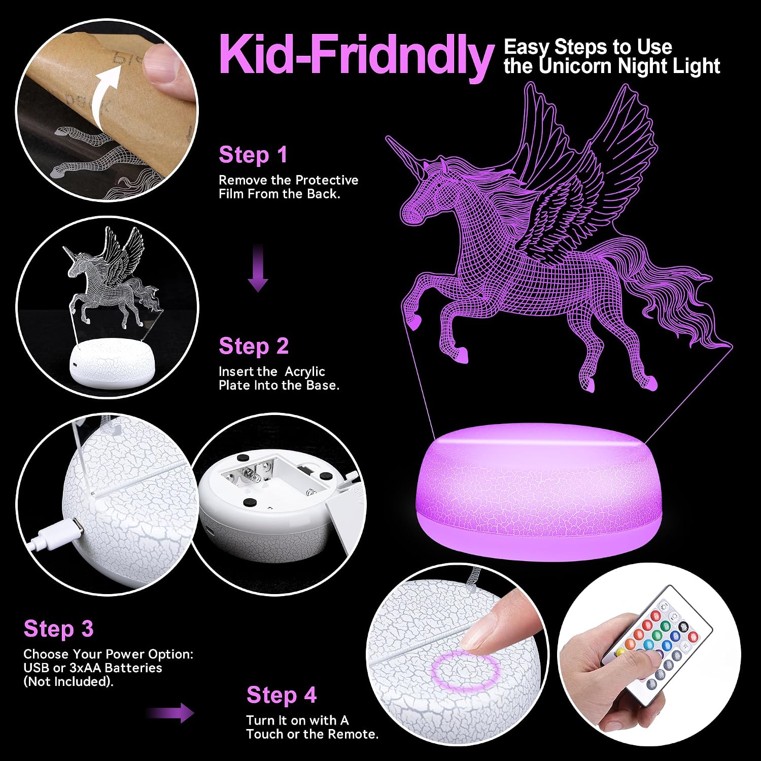 3D Unicorn Night Light for Girls - 16 Color Changing Acrylic Lamp with Remote Control, 3 Magical Patterns, USB/Battery Powered, Gift for Birthday Christmas Kids Room Decor image 5