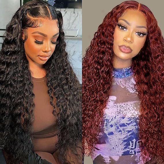 Natural Color 13x6 Deep Wave Lace Front Wigs 24 Inch+Reddish Brown 13x4 Deep Wave Lace Front Wigs 32 Inch