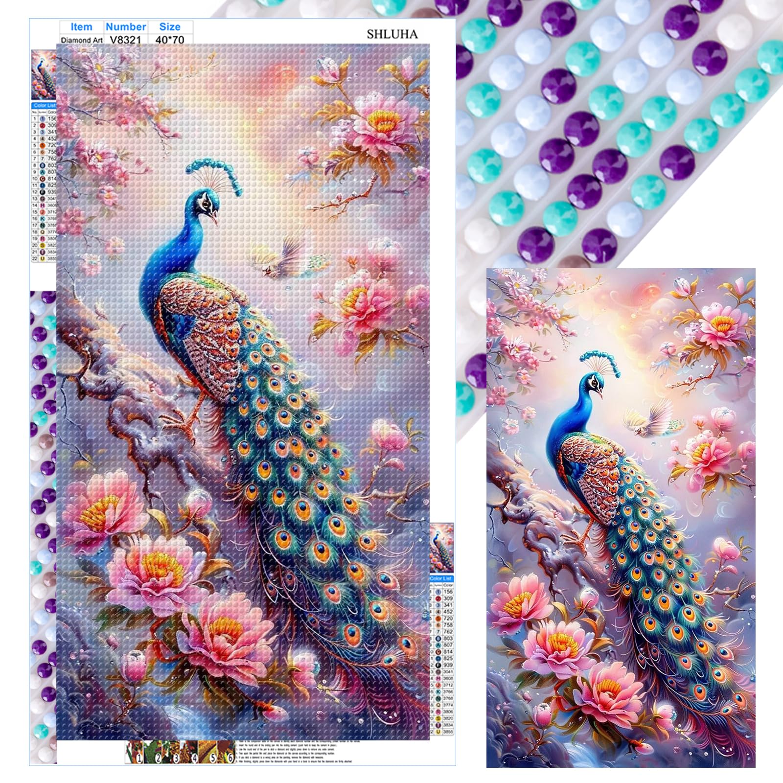 POETRYDRAW Flowers Peacock Full DIY 5D Round Drill Gem Art Diamond Art Painting Kits for Adults/Beginners Gift Idea Home Wall Decor Diamond Art Kits 15.75x27.56in (V8321)