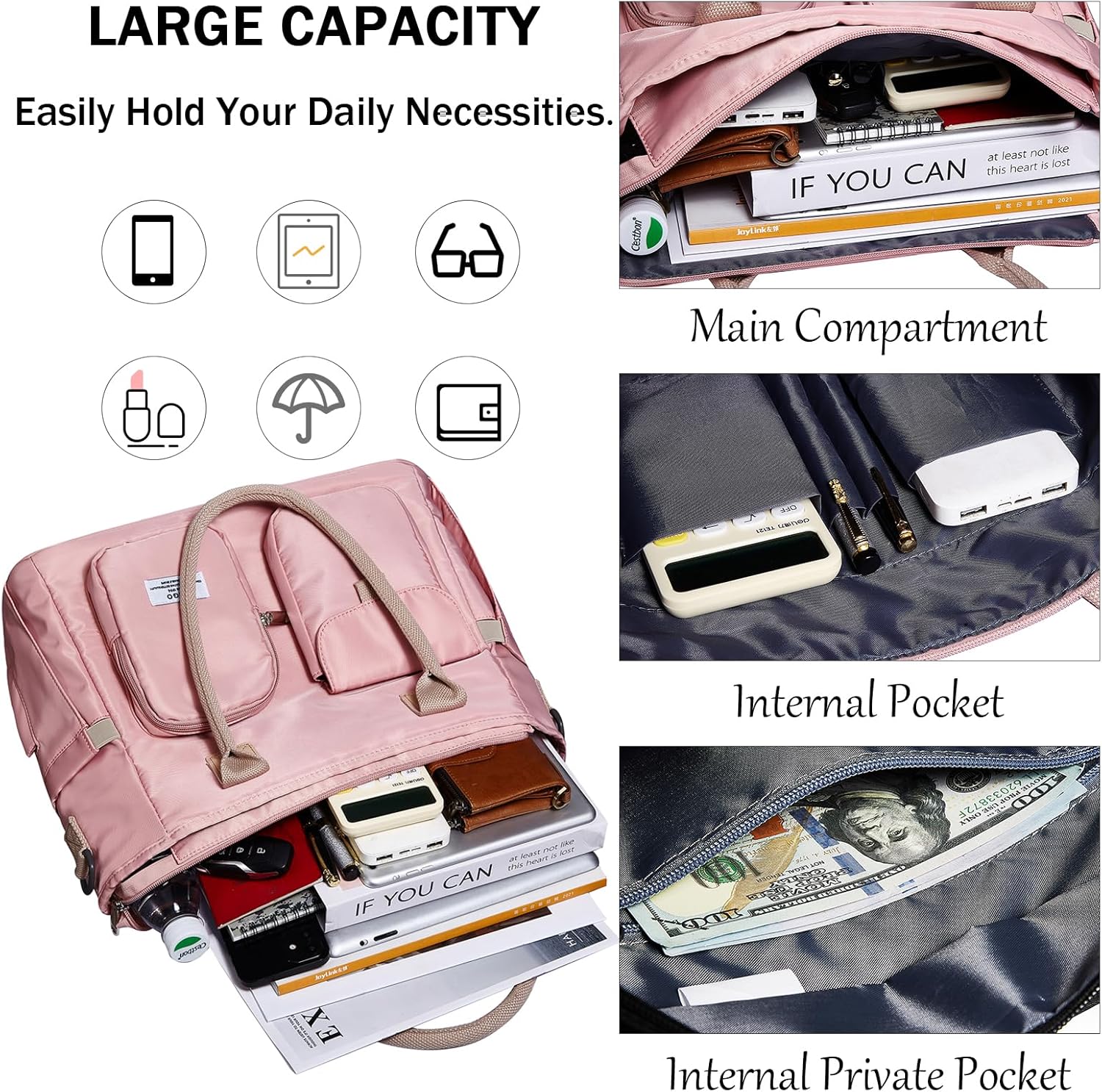 Large Utility Tote Bag with Multi-pockets and Compartment for Travel & Work