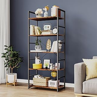 OVYLYA Bookshelf, 5-Tier Bookcase with Open Shelves, Vintage Standing Bookshelves with Wood Shelving Unit, Metal Frame Display Rack for Living Room, Bedroom, Rustic Brown