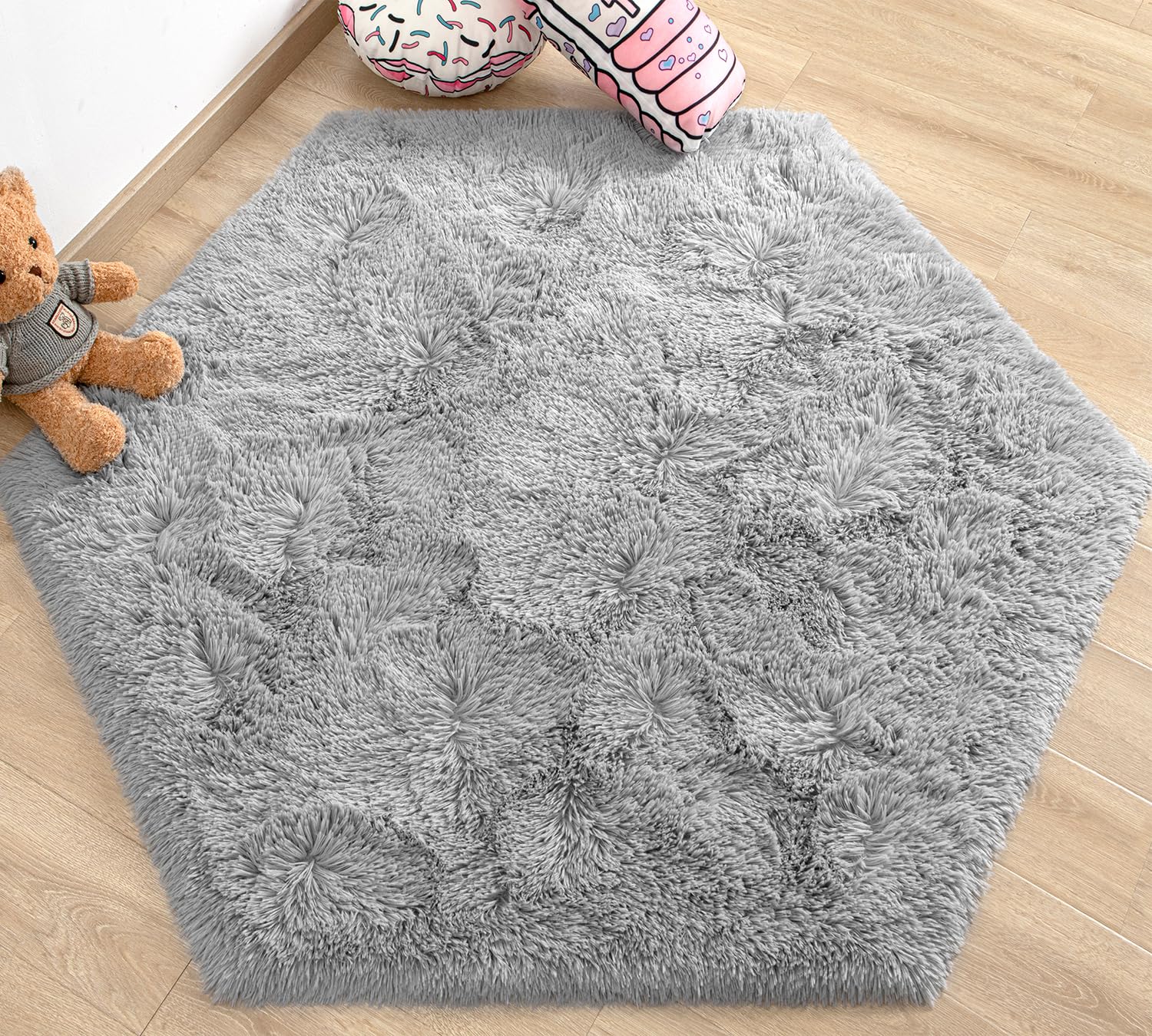 EVOIONOS Grey Hexagon Rug for Princess Tent , Fluffy Area Rug for Kids Room , 4.6X4 FT Hexagon Rug for Girls Tent , Furry Soft Nursery Rug , Fuzzy Plush Carpet for Teen Girls Bedroom
