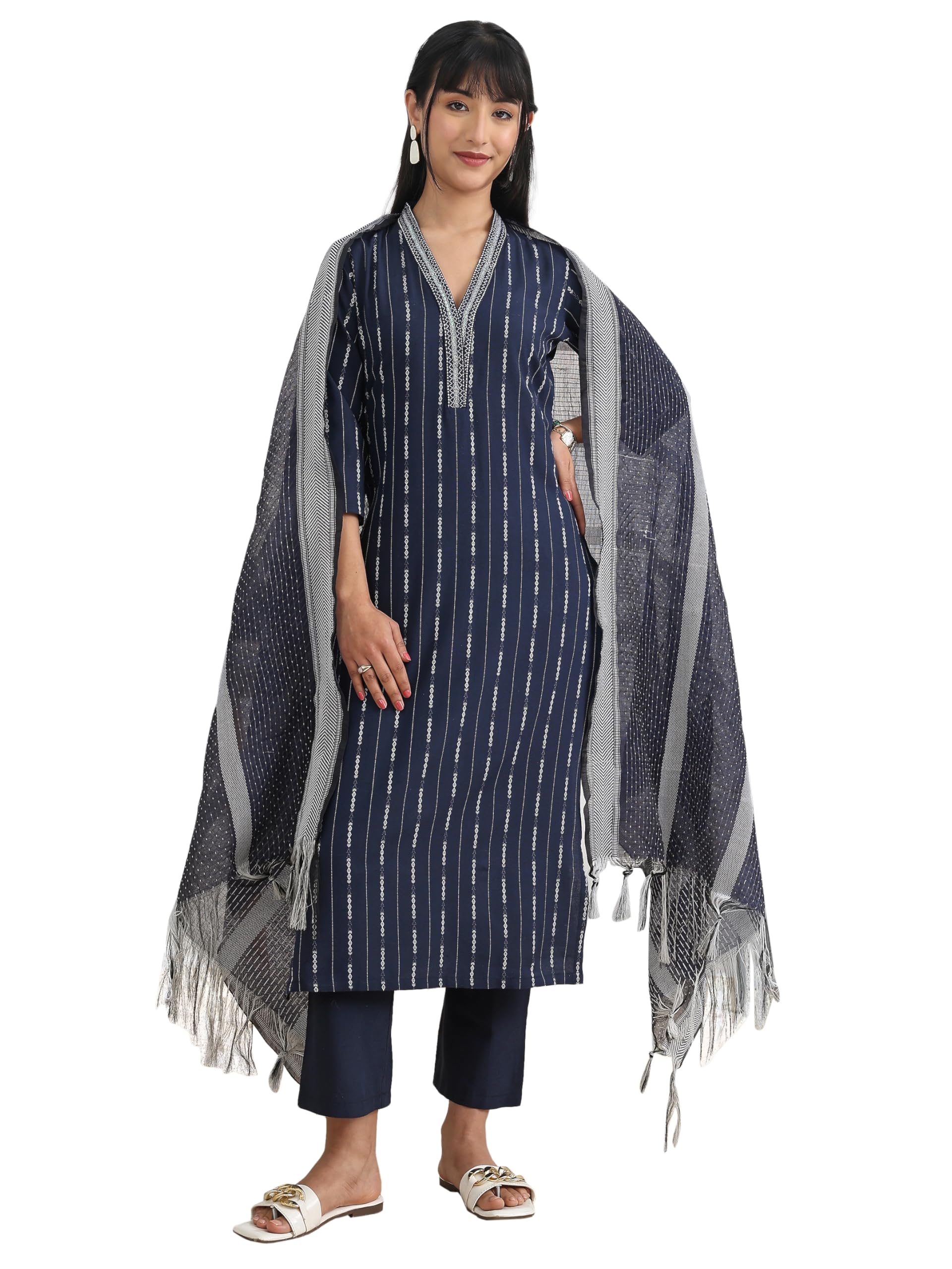 Woven Design Cotton Blend Straight Kurta With Trouser and Dupatta | daily wear suit-picture-13