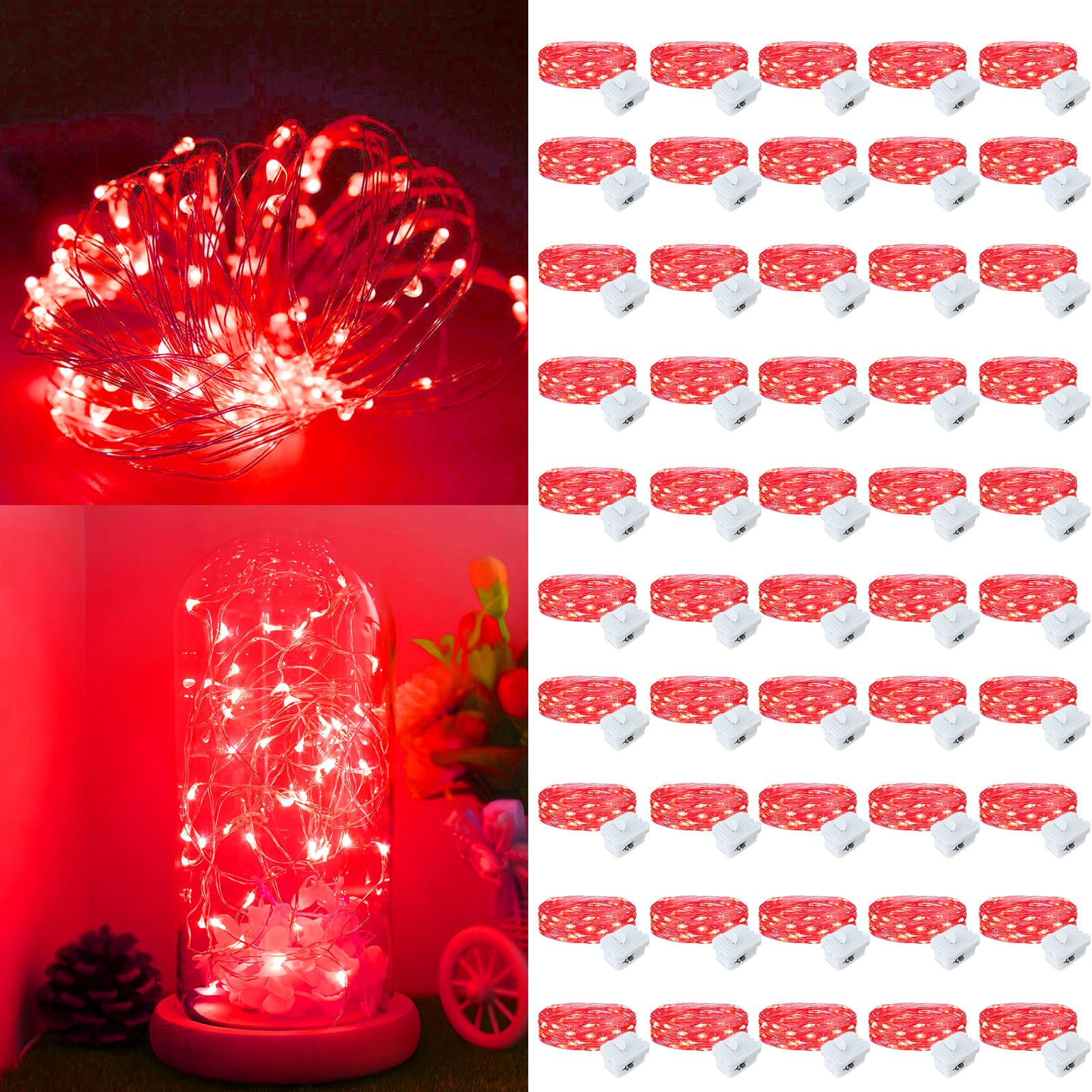 Guirnalda de luces de alambre plateado impermeable, funciona con pilas, 20 luces LED de luciérnaga y luna estrellada para bricolaje, Navidad, boda, fiesta, decoración de dormitorio (rojo