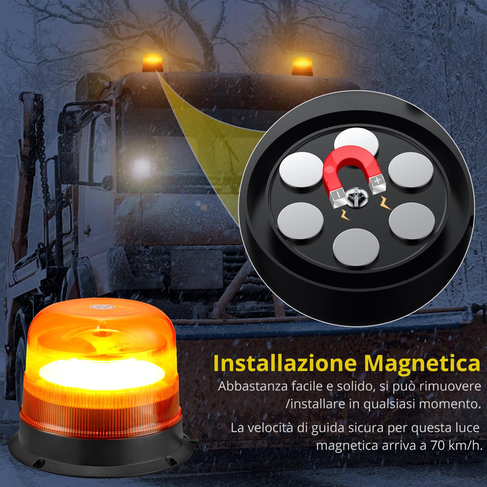 PROZOR 48W Stroboscopica Lampeggiante Luce per 12/24V Stroboscopica Magnetica di Emergenza Impermeabile 10 Modalità Lampeggiante di Segnalazione di Recupero Ambra con Cavo di Alimentazione da 5 m