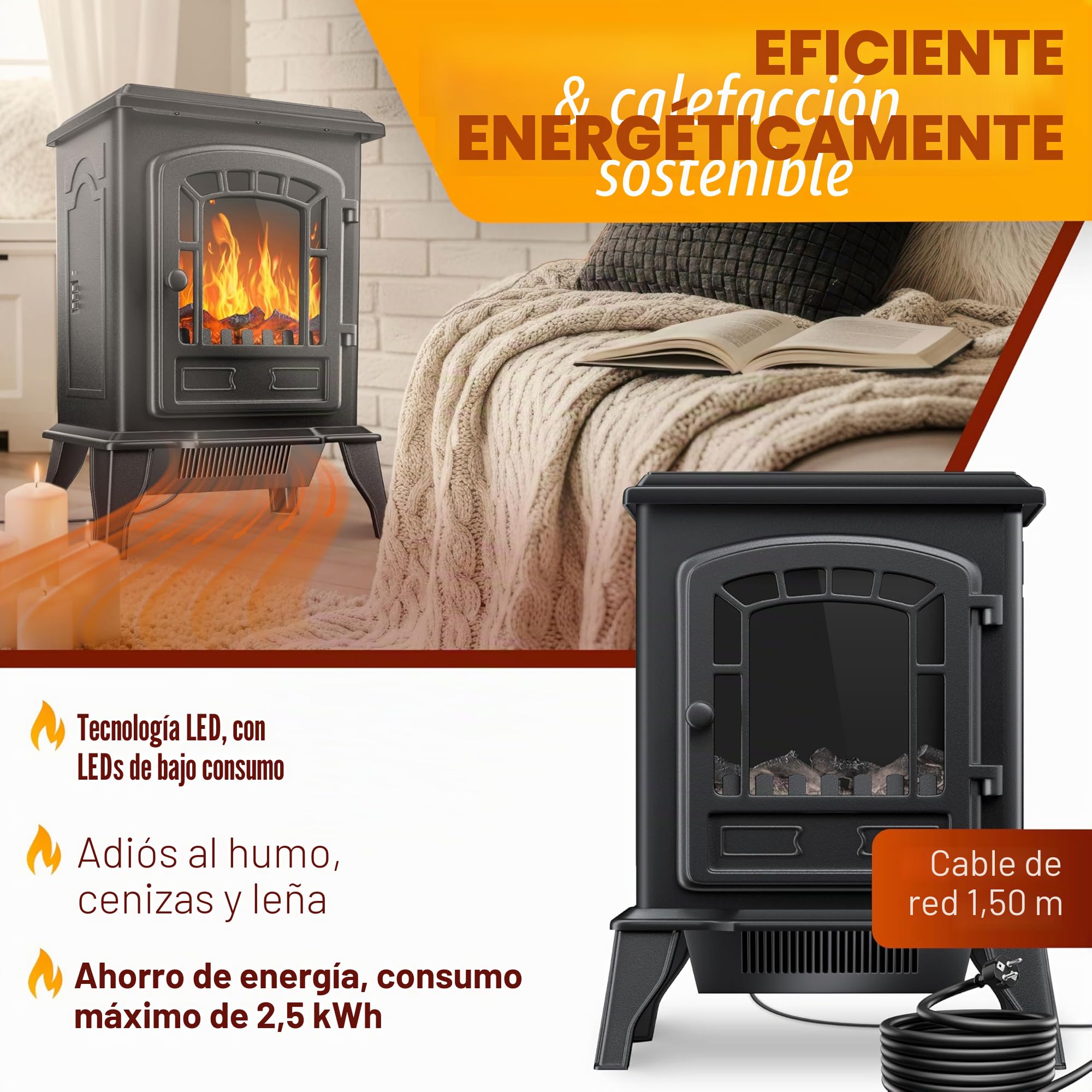 KESSER® Estufa eléctrica con Ventilador de 2000W Calentador eléctrico Estufa LED Efecto Llama, bajo Ruido, Ajustable, Negro