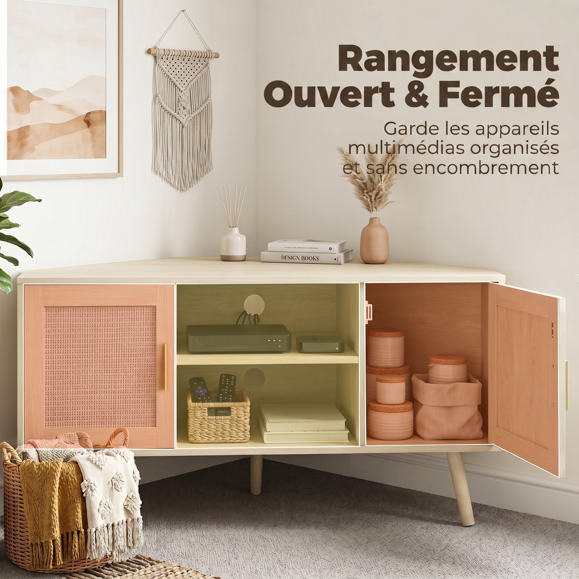 HOMCOM Meuble TV d'angle 115 cm pour Téléviseur jusqu'à 65 Pouces Chêne