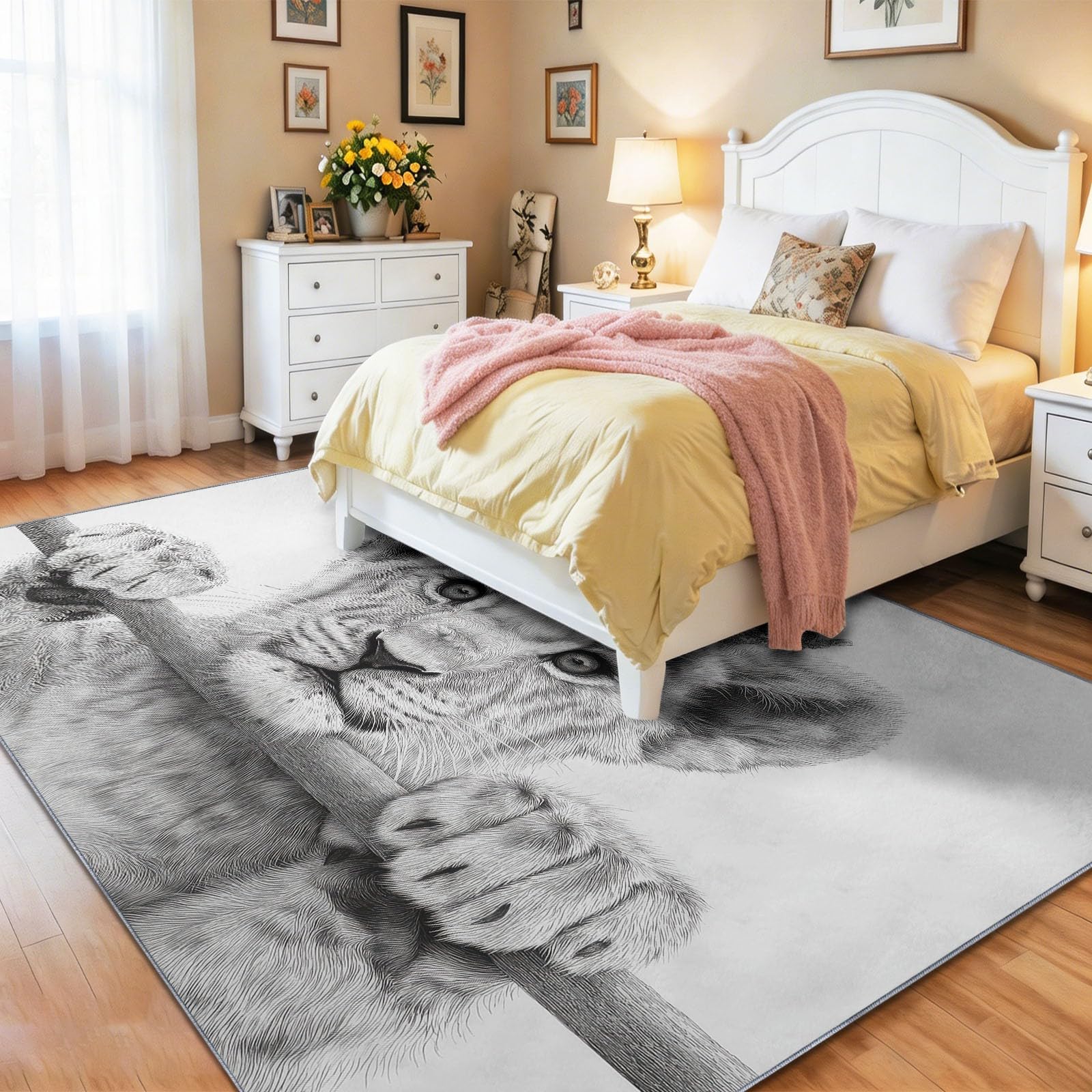 Lew zwierzę szara korona dywan do salonu 120 x 170 cm, biały dywan z nadrukiem, można prać w pralce, antypoślizgowy z krótkim włosiem do sypialni i salonu, nowoczesny design