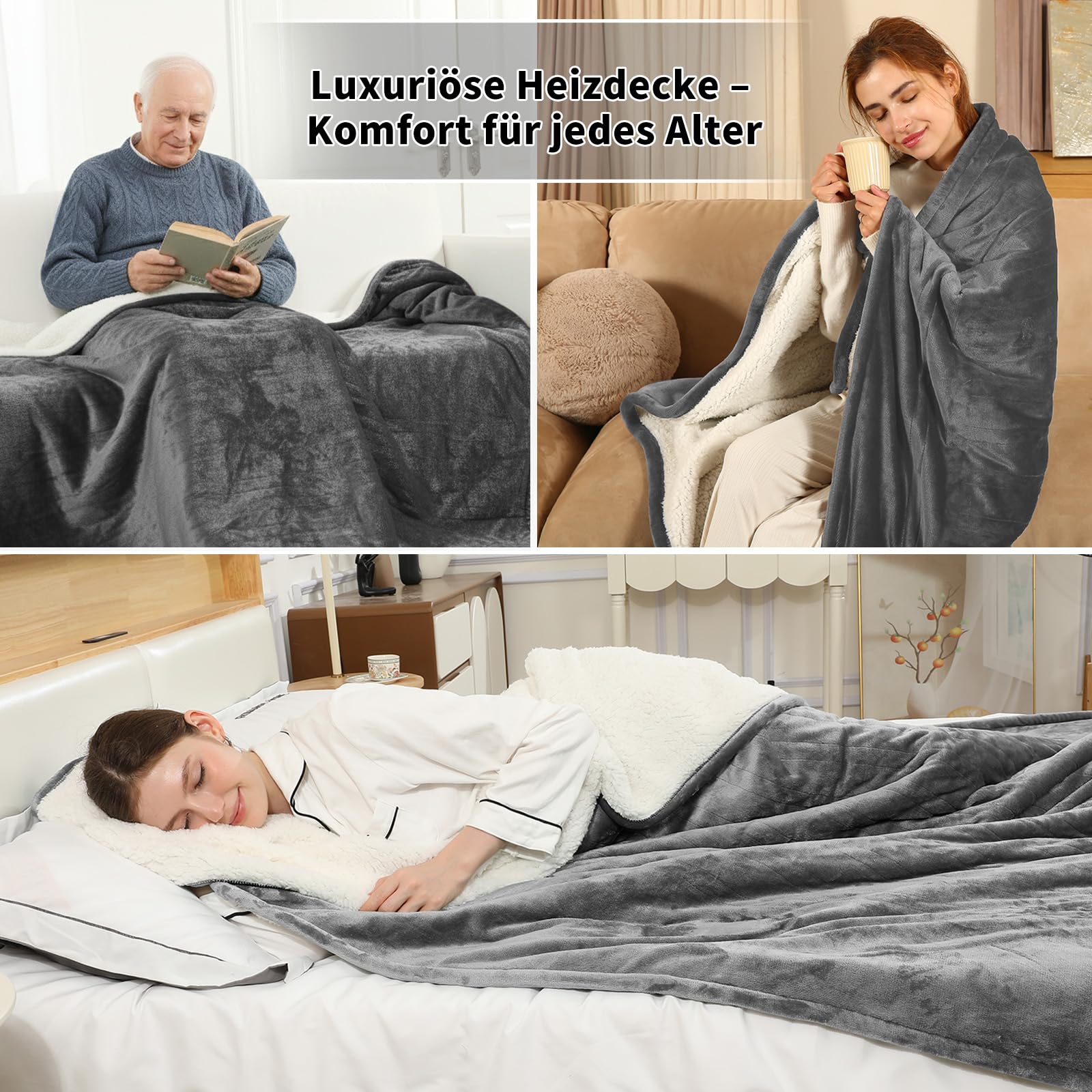 ESTINGO Coperta elettrica 150 x 200 cm, 6 livelli di riscaldamento, timer 10 ore, spegnimento automatico, soffice flanella & sherpa, per lavabili, anziani, ragazzi, donne e coppie, colore: grigio